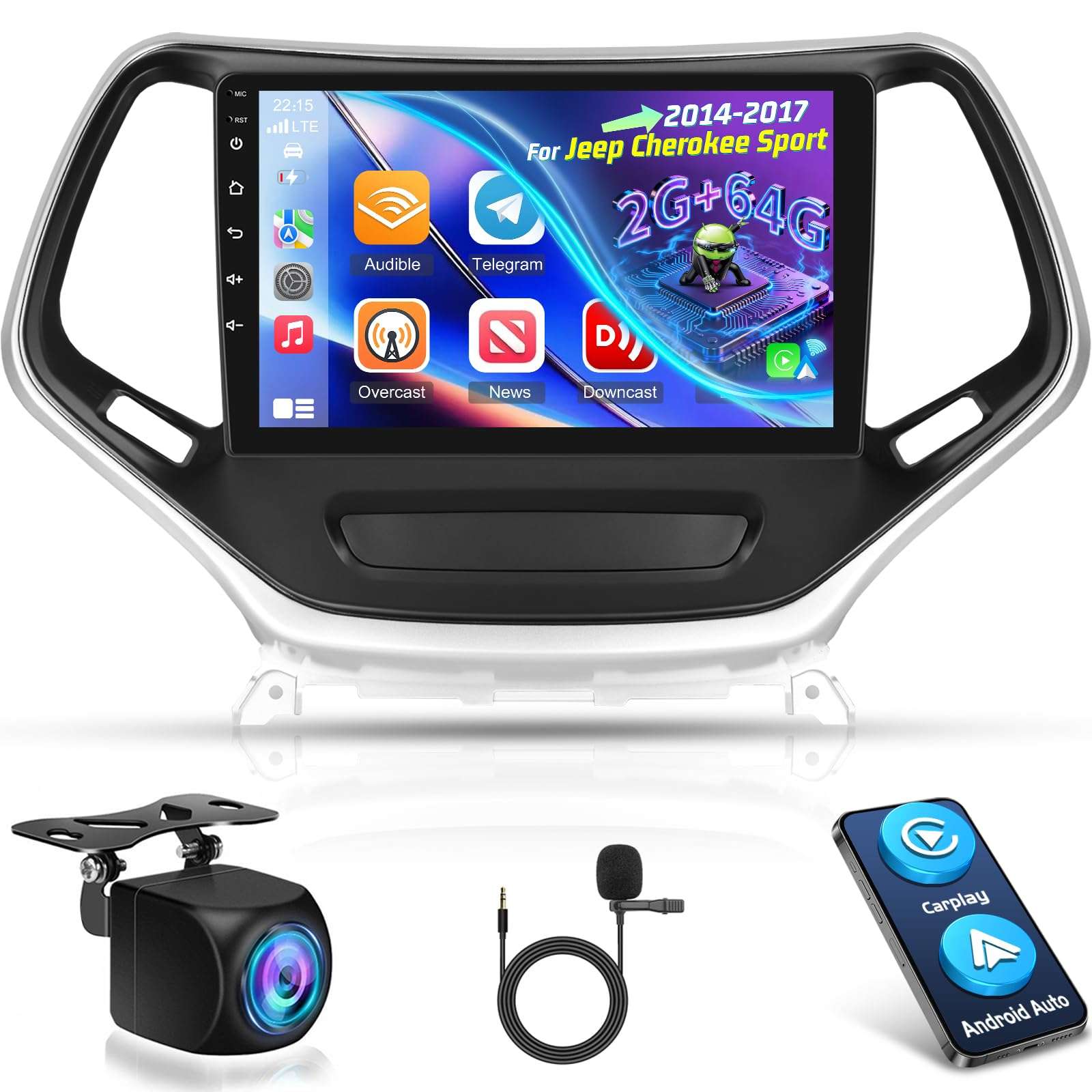 [2+64G] NHOPEEW Car Radio for Jeep Cherokee 2014-2017 with Wireless Carplay and Android Auto - 10 Inch Touchscreen Android Car Stereo - GPS Navi/WiFi/DSP/SWC/Bluetooth + AHD Backup Camera 1