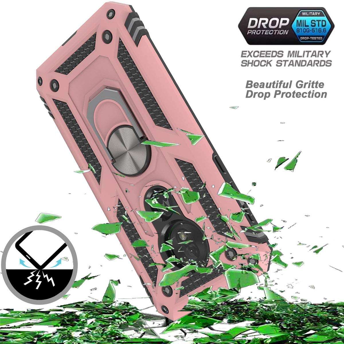 Moto G7 Play Case with HD Screen Protector (2Pack) KaiMai 360 Degree Rotating Ring & Bracket Dual Layers of Shockproof TPU and Solid PC Phone Case for Motorola Moto G7 Play-Rose Gold 6