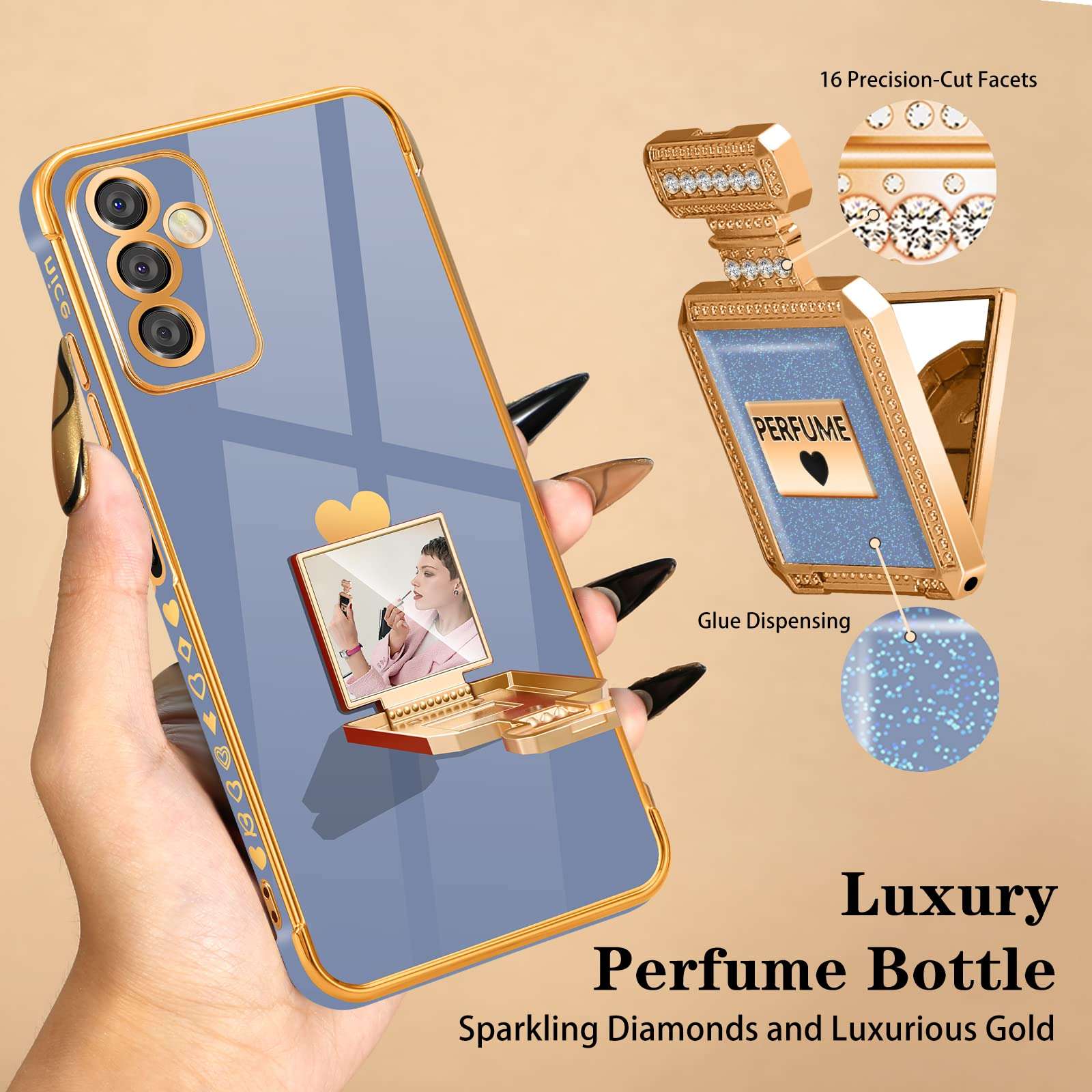 Buleens for Galaxy A13 5G Case with Metal Perfume Bottle Mirror Stand, Cute Women Girly Heart Cases for Samsung Galaxy A13 5G Case, Elegant Luxury Phone Cover for Samsung A13 5G Case 6.5'' Dark Blue 5