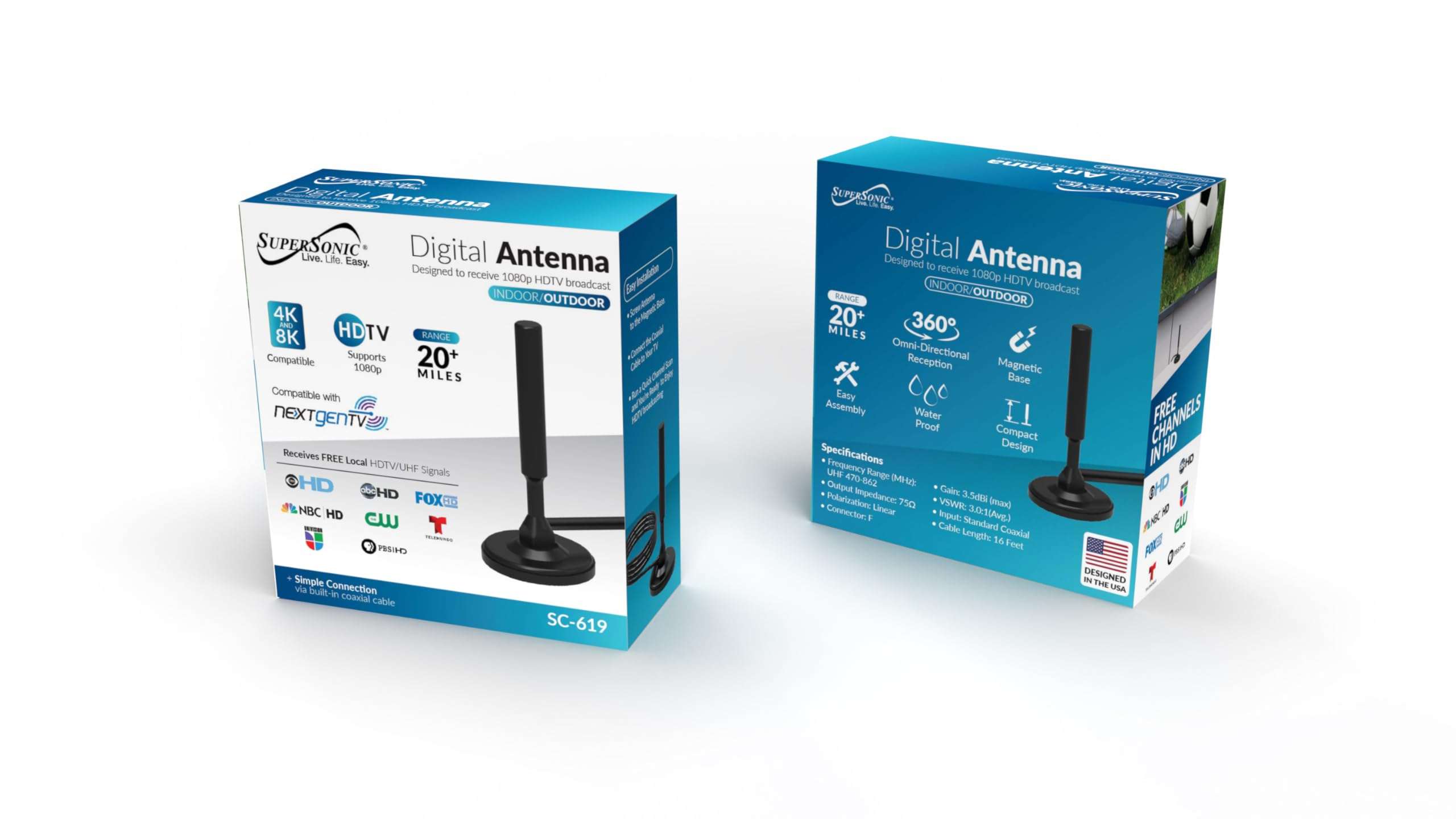 Supersonic SC-619 HDTV Digital Indoor Outdoor Antenna for All TVs for Free Local Channels, Reception Support 4K 1080P, Waterproof, Compact Design, Strong Magnetic Base,16ft Cable 3