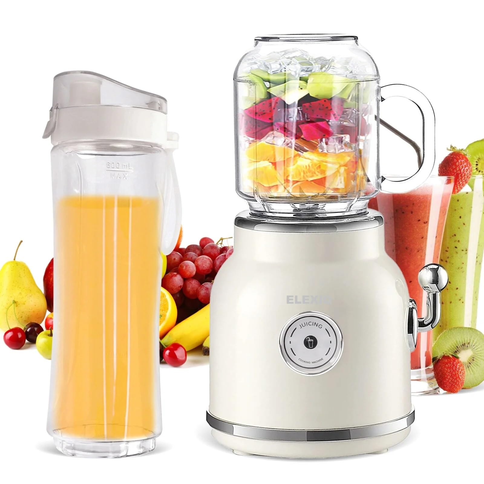 Elexiq Vintage Portable Personal Blender for Shakes Smoothies 600ml600ml w Travel Cup(portable juicer)