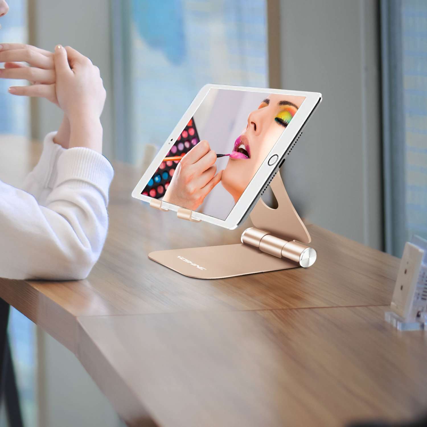 YOSHINE Cell Phone Stand for Desk, Portable Cell Phone Holder Adjustable Tablet Stand Aluminum Stand Holder Cradle Charging Dock for Nintendo Switch all Smartphones and Tablets (4-13") - Gold 6