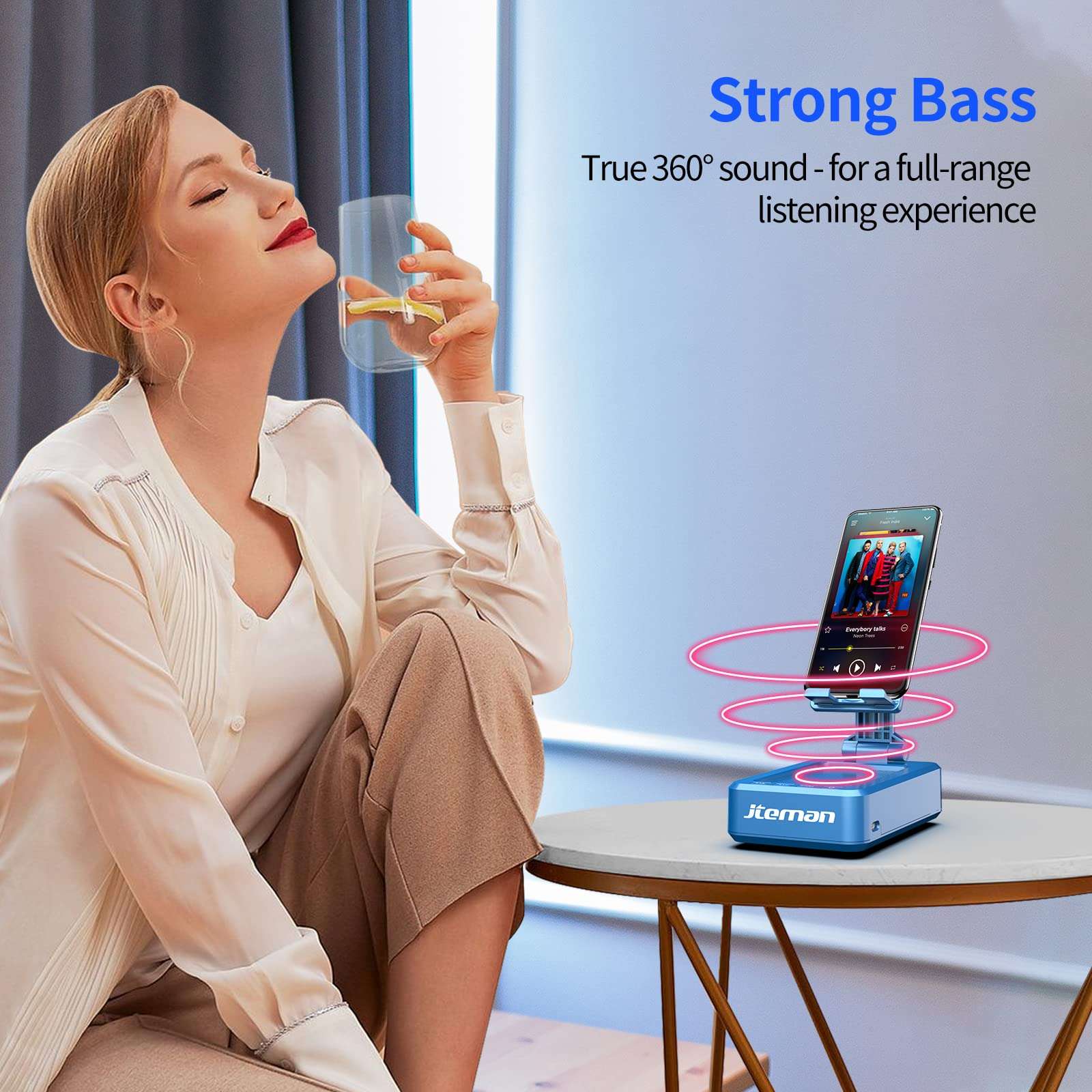 JTEMAN Cell Phone Stand with Wireless Bluetooth Speaker,Kitchen Gadgets for Men,Perfect for Home and Outdoors with Bluetooth Speaker for Desk Phone Holder Compatible with Most Smart Phones - Blue 4