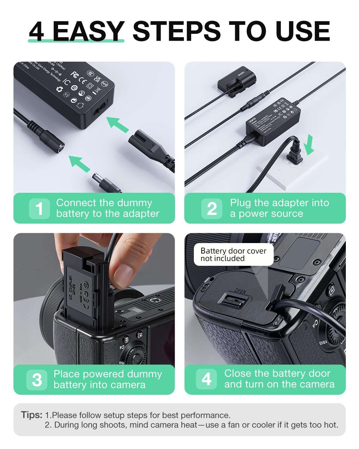 llano LP-E6 LP-E6N LP-E6NH Dummy Battery AC Power Adapter Kit Compatible with Canon EOS R6/R7 Mark II, 5D/6D/7D Mark II/III/IV, 60D/70D/80D/90D Continuous Power Supply for Studio Shoots 5