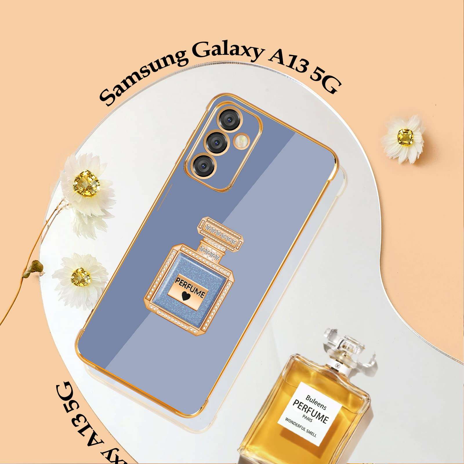 Buleens for Galaxy A13 5G Case with Metal Perfume Bottle Mirror Stand, Cute Women Girly Heart Cases for Samsung Galaxy A13 5G Case, Elegant Luxury Phone Cover for Samsung A13 5G Case 6.5'' Dark Blue 3