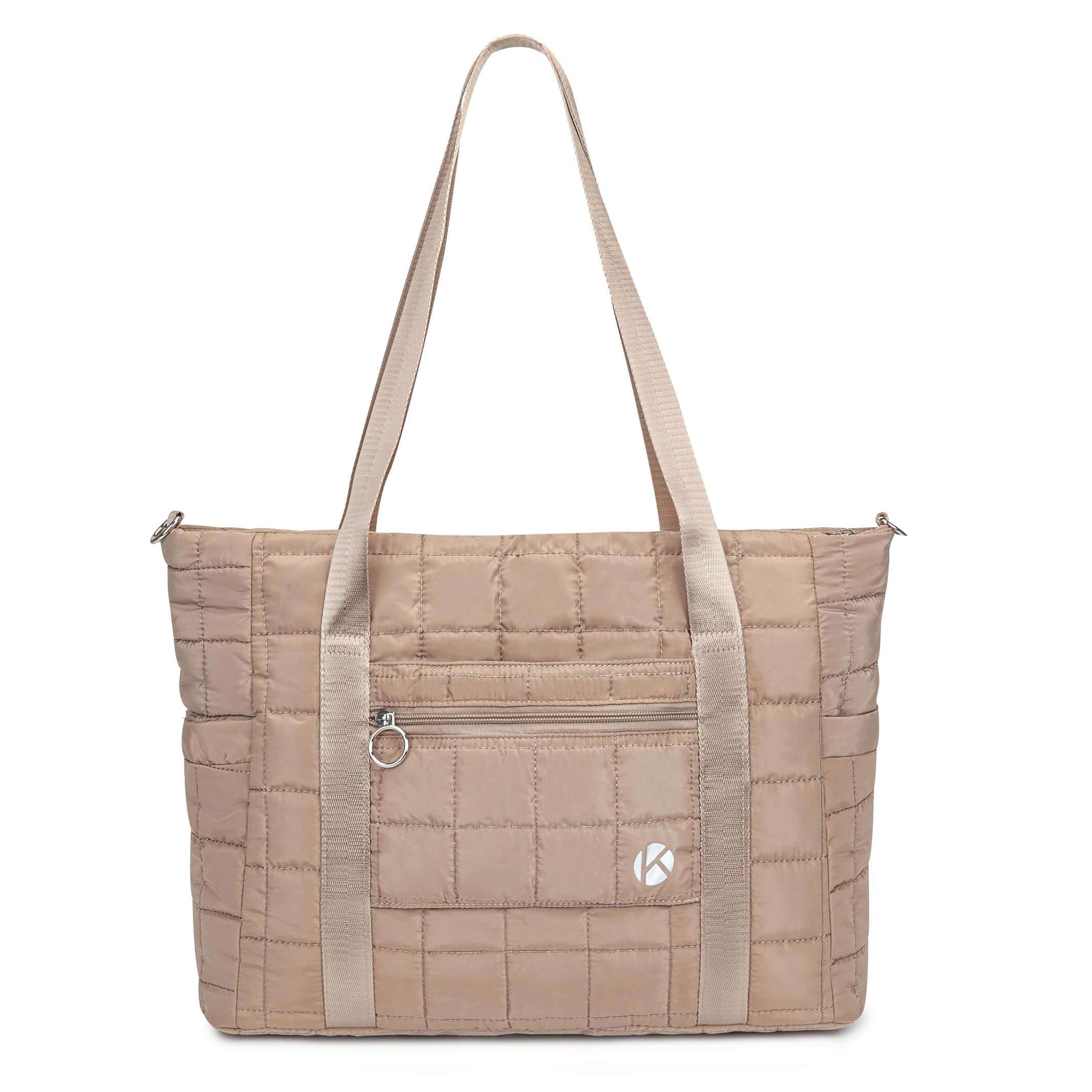 KAVIGOR Tote Bag for Women with Zipper, Quilted Gym Tote with Compartments, Puffer Shoulder Bag with Yoga Mat Straps for Travel, Sport, Work, Cream 1