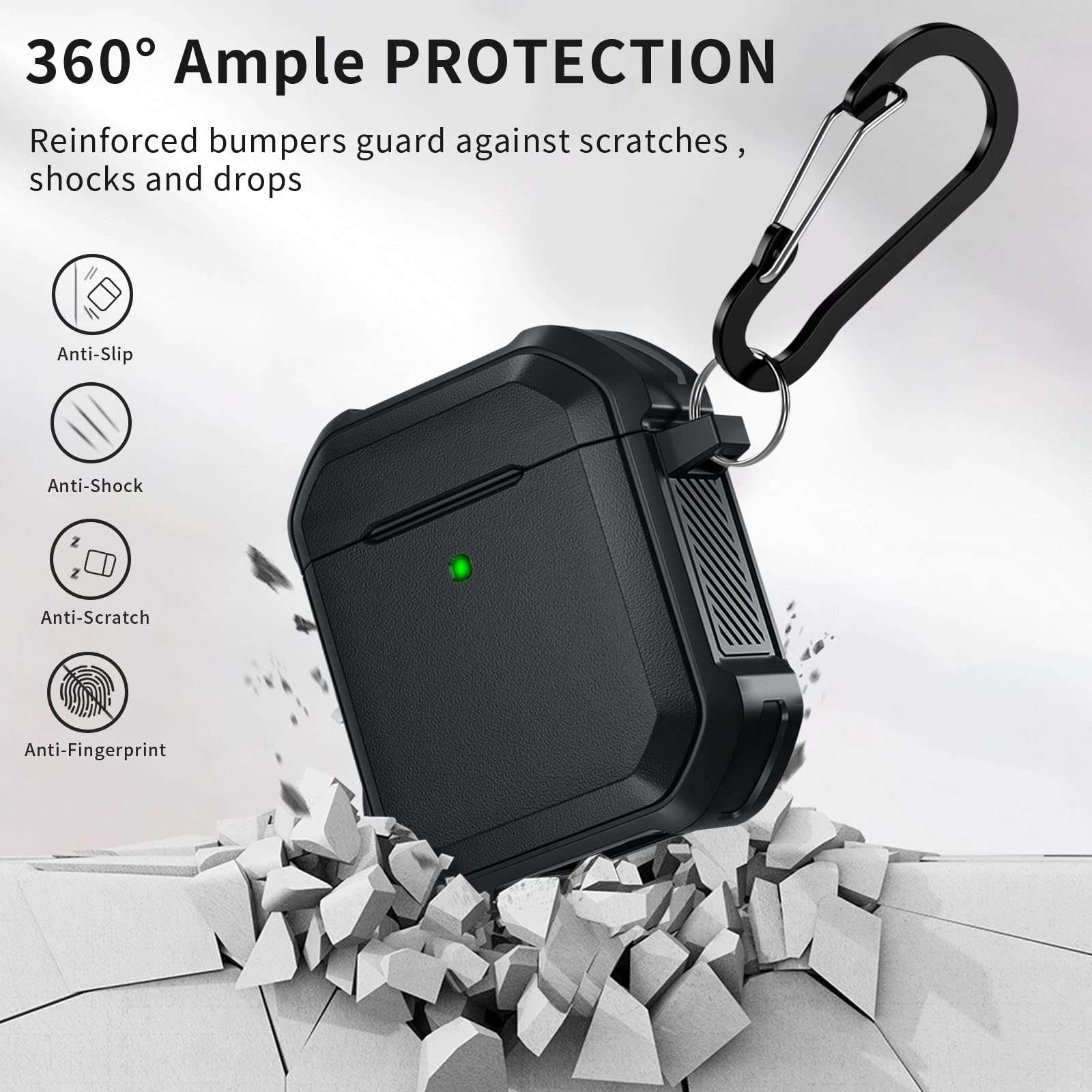 Charlam Airpods Case Cover Designed for AirPod 2 & 1 Men Women, Sturdy Stylish Full-Body Rugged Protective Cases with Keychain [Front LED Visible], Black 3