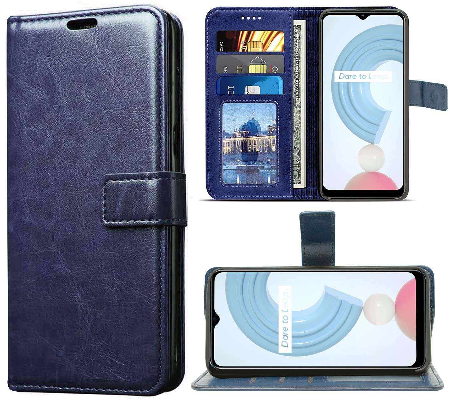 Jkobi Flip Cover Case for Realme C25Y | C21Y (Leather Finish | Magnetic Closure | Inner TPU | Foldable Stand | Wallet Card Slots | Blue) 3