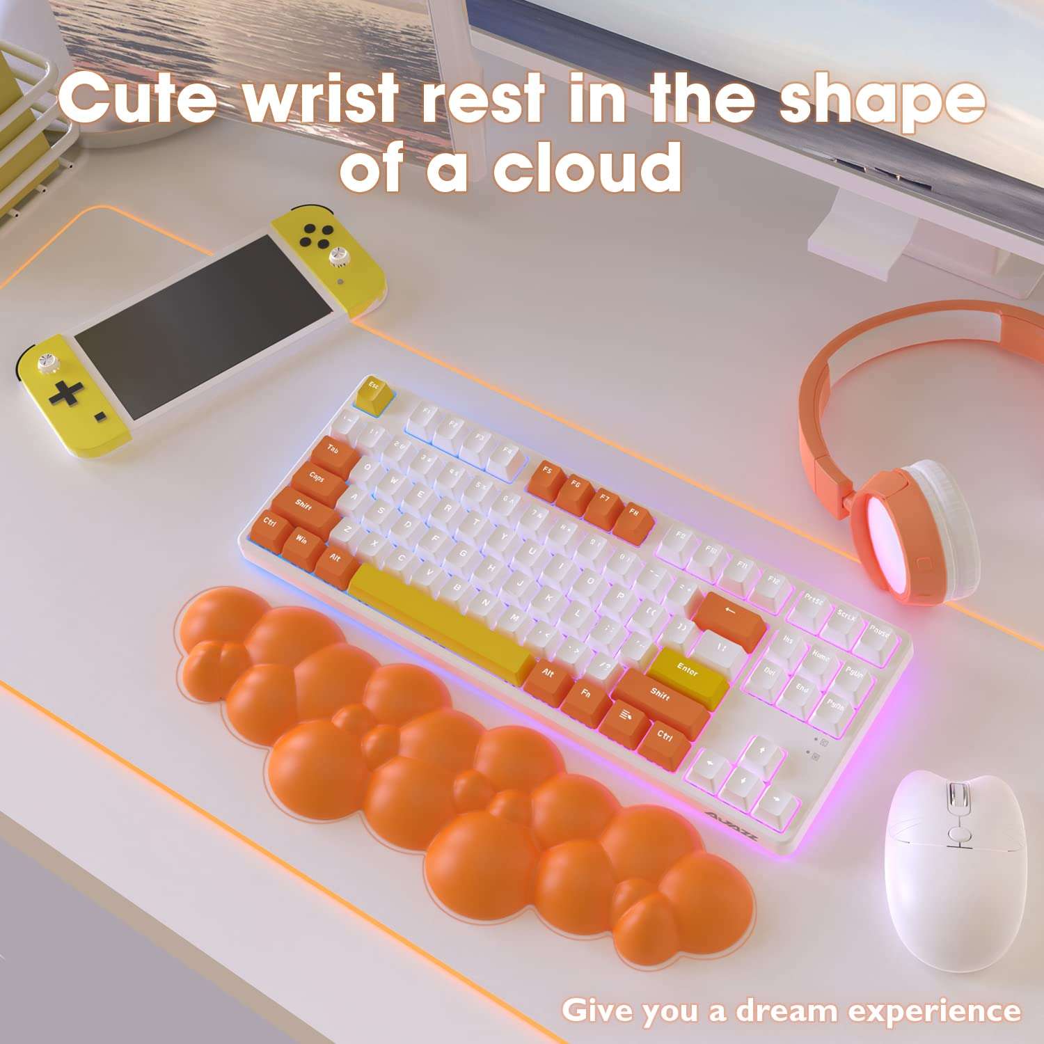 Gaming Keyboard Cloud Wrist Rest Pad,Memory Foam Keyboard Palm Rest,Ergonomic Hand Rest,Soft Leather Wrist Rest for Computer Keyboard,Laptop,Mac,Lightweight for Easy Typing Pain Relief (Orange) 3