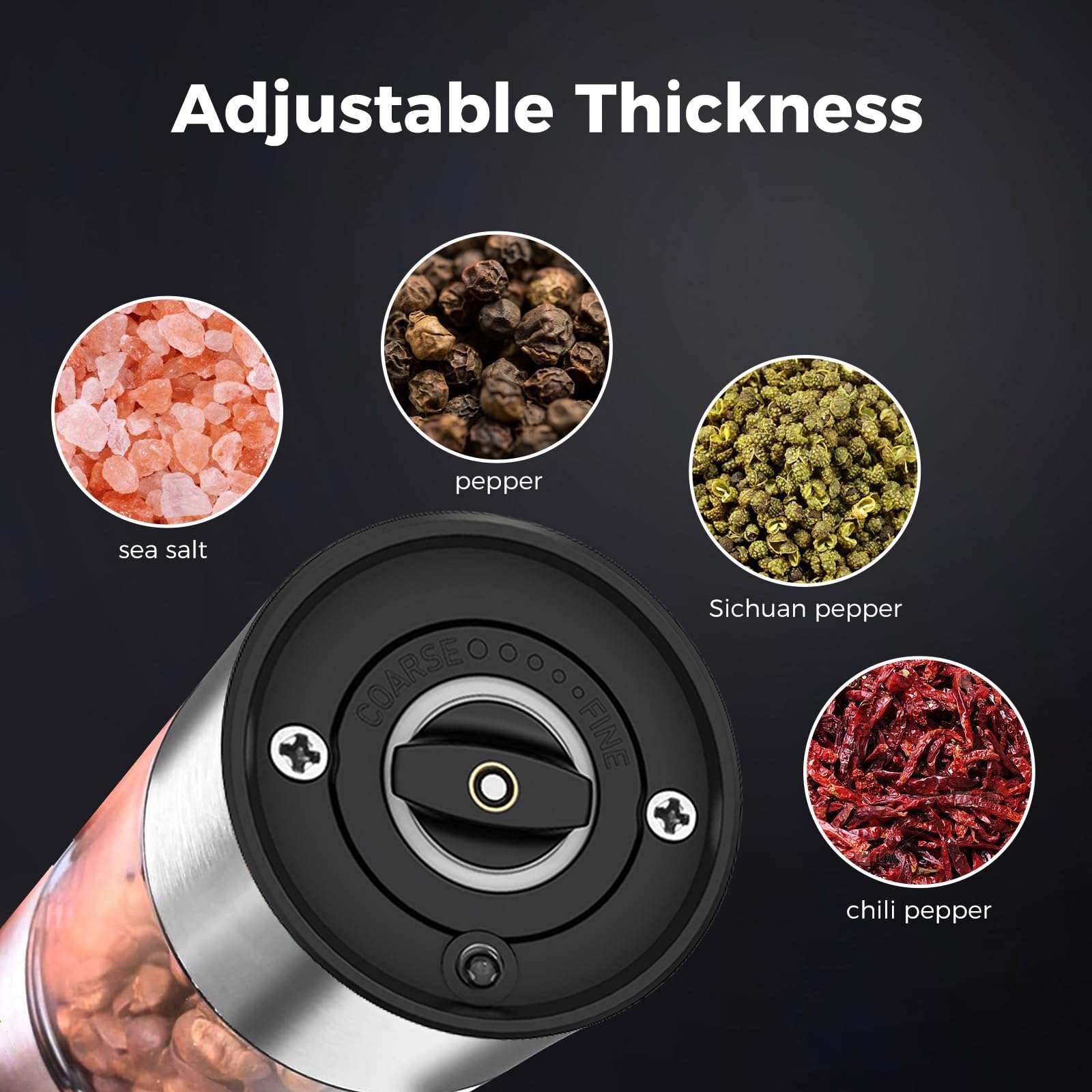 D-DING Electric Salt & Pepper Grinder Set - 2 in 1 Stainless Steel Mill with Adjustable Coarseness, LED Light, Ceramic Core, Type-C Charging, 95ml Container 6