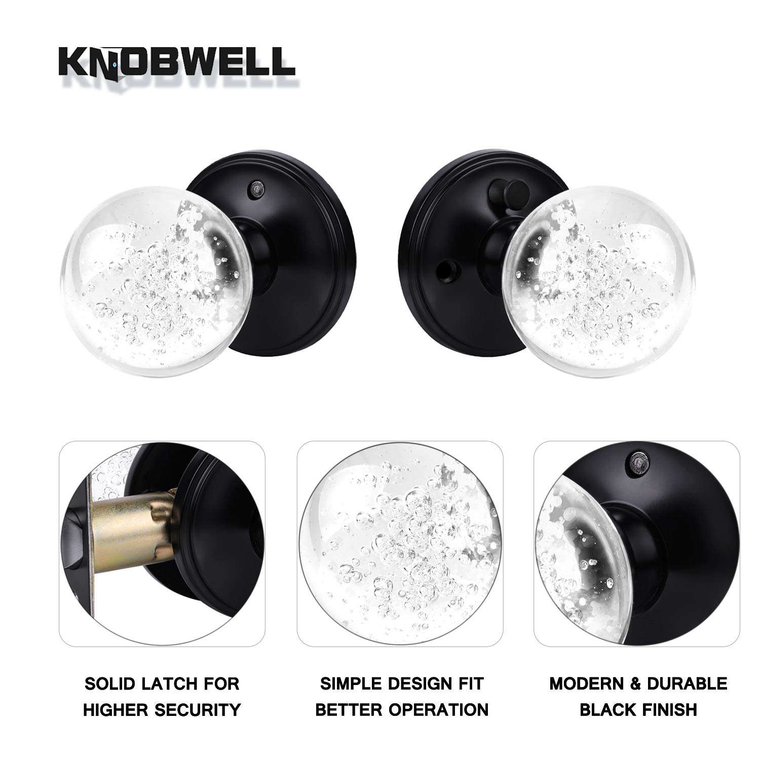KNOBWELL 3 Pack Crystal Door Knobs with Lock Matte Black Door Knobs Keyless Round Interior Door Knobs Privacy Glass Door Knobs 4
