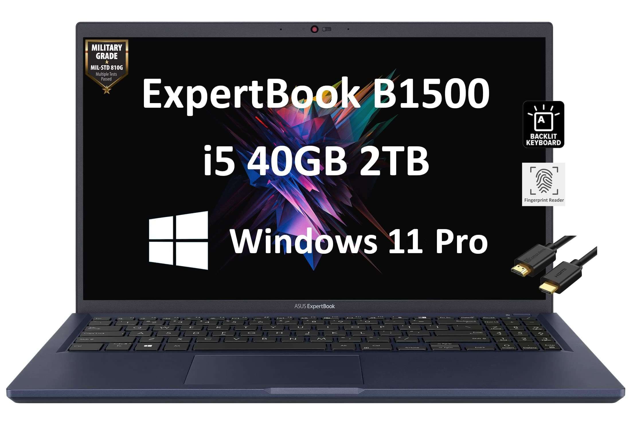 ASUS ExpertBook B1 B1500 15.6" FHD (Intel 4-Core i5-1135G7, 40GB RAM, 2TB PCIe SSD, Military Grade Durable) Business Laptop, Fingerprint, Backlit, 3-Year Warranty, IST HDMI, Win 11 Pro, Star Black