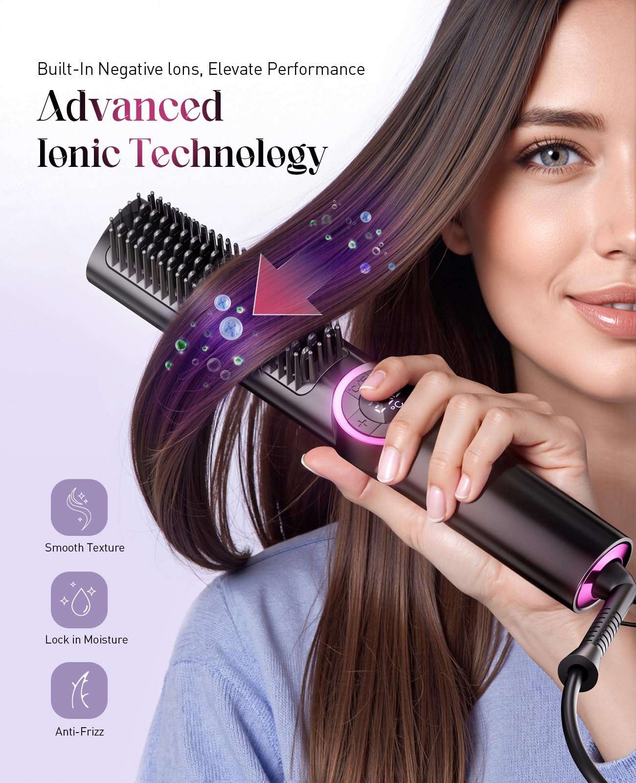 Hair Straightener Brush: Ionic Hair Straighteners for Women with 15 Temps, Straightening Brush Fast Heating with LED Display & Dual Voltage 4