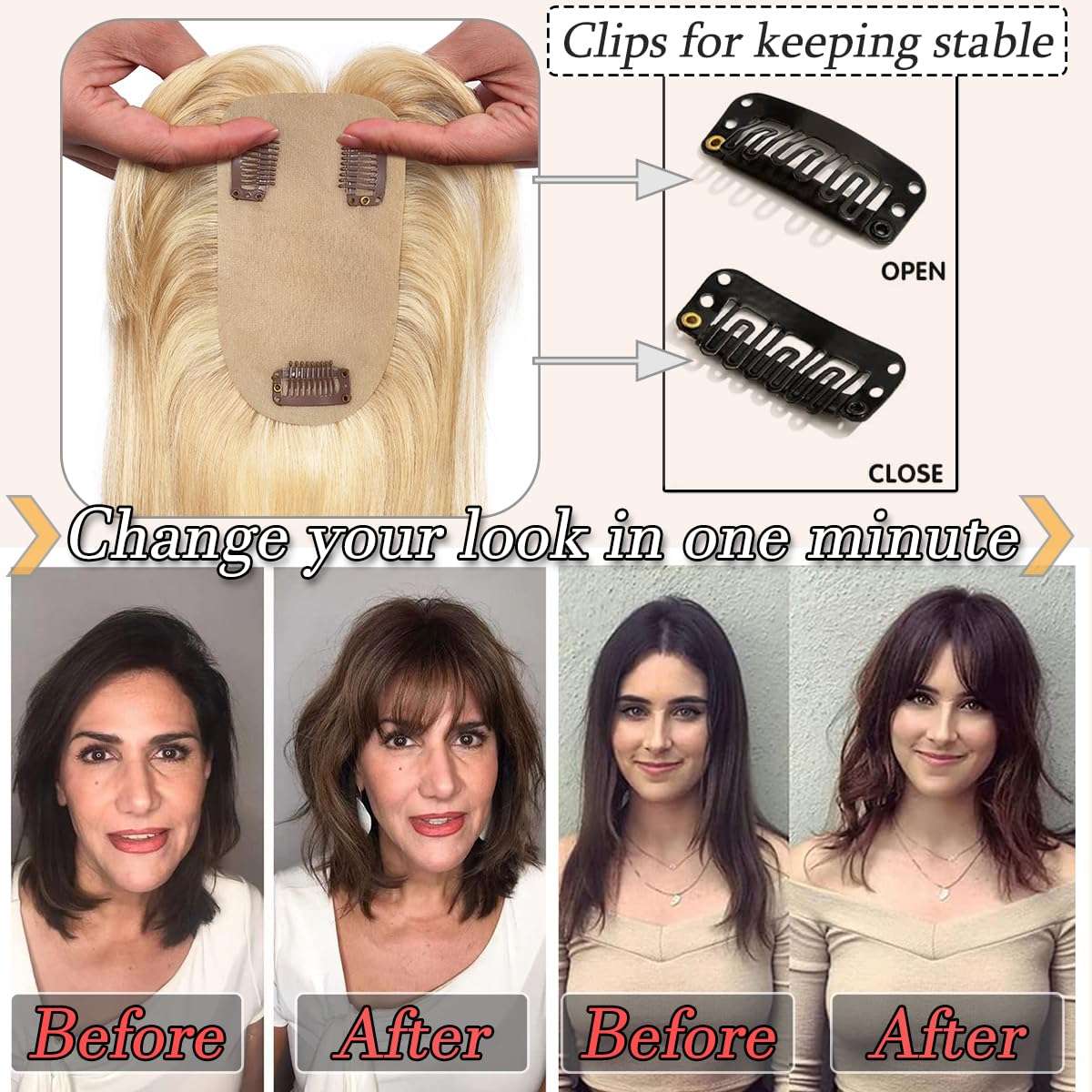 RICH BRIA Hair Toppers for Women with Thinning Hair Real Human Hair with Bangs Toppers Hair for Women Hair Toppers with Bangs for Hair Loss Grey Hair 10" #18P613 Ash Blonde mix Bleach Blonde 5