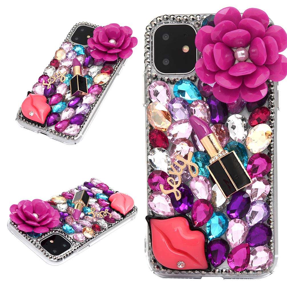 Mavis's Diary iPhone 11 Case, 3D Handmade Bling Crystal Hot Pink Flower Sexy Lips Lipstick Colorful Shiny Glitter Sparkly Diamond Rhinestone Sliver Rivet Hard PC Cover, Sexy Lips 3
