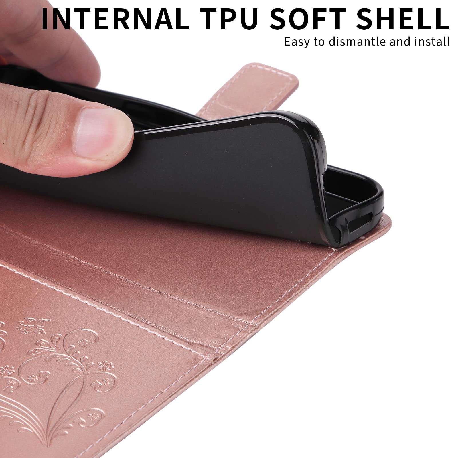 XYX Wallet Case Compatible with LG K40/LG K12 Plus/LG X4 2019, Embossed Butterfly PU Leather Case Flip Protective Phone Cover with Card Slots and Kickstand, Rose Gold 4