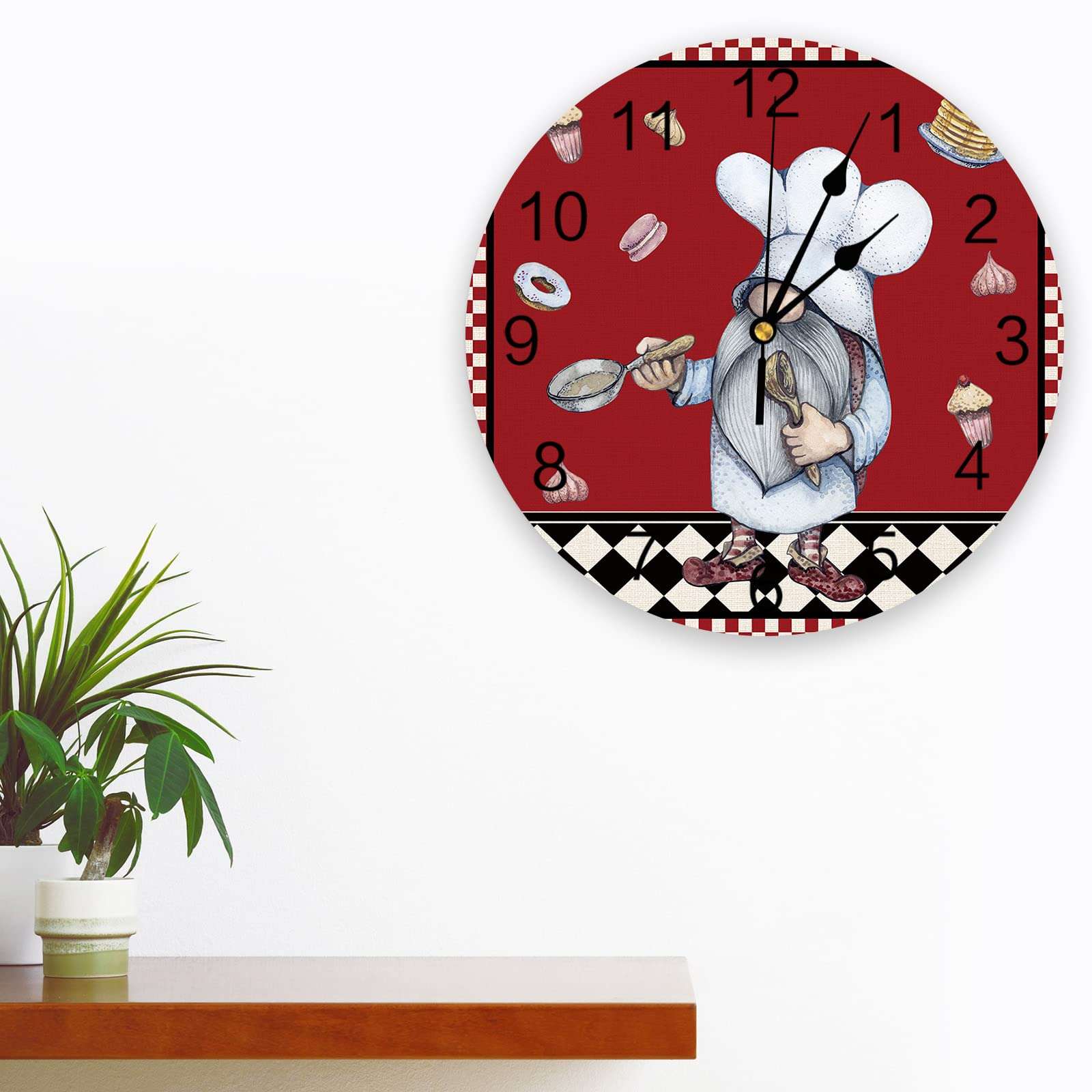 CosyBright Silent PVC Wall Clock 10 Inch Round Wall Clock Gnomes Chef Cookie Red Hanging Clock for Kitchen Non Ticking Battery Operated Living Room Mute Clock 3
