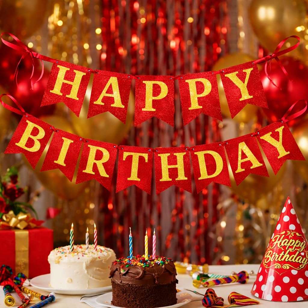 Birthday Decoration Set 72 Pcs | Party Decoration Pack | Happy Bday Decorations Kit | Ballons, Arch, Pump, Glitter Banner, Foil Curtain, Bday Caps, Fairy Light (Classic Red Polka Theme) 3