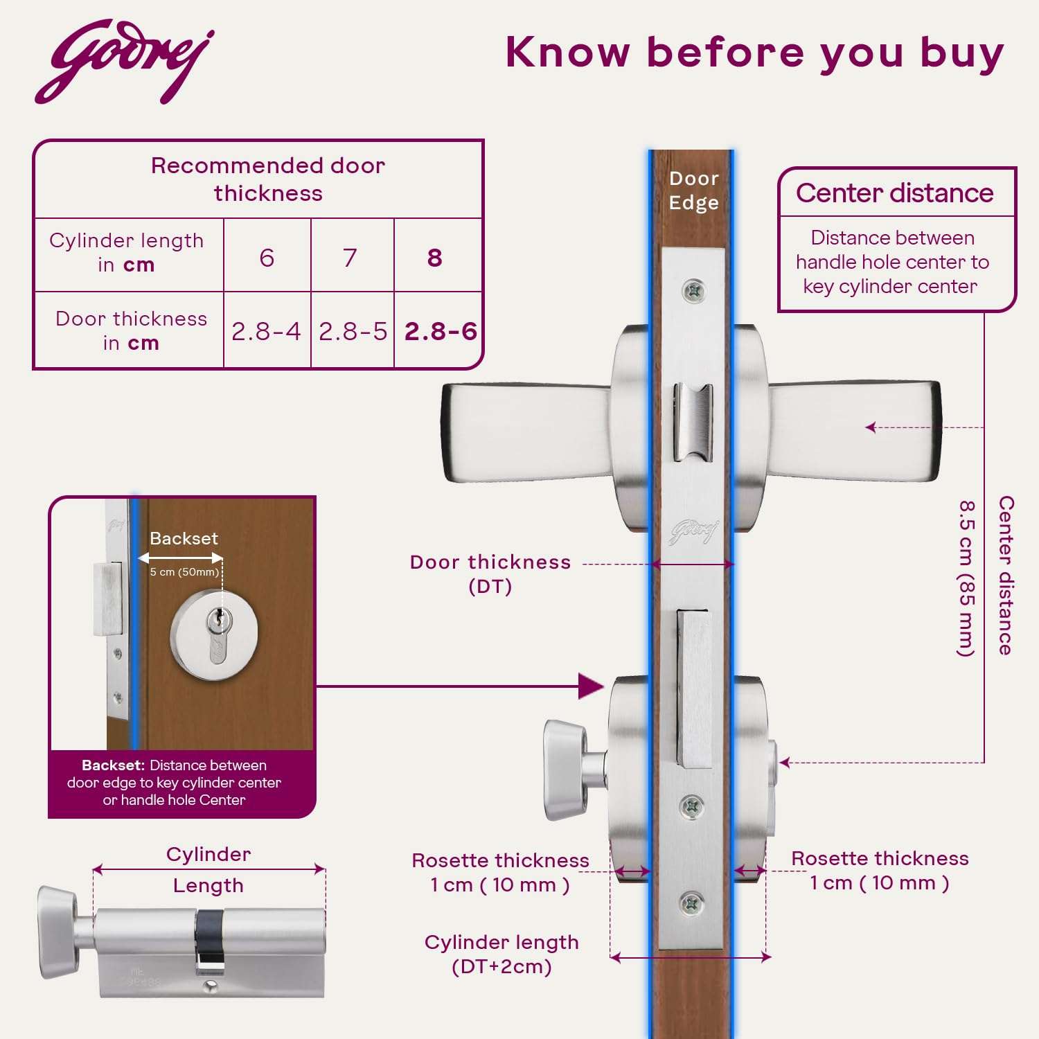 Godrej Mortise Lock|Handle Lock Set for Main & Bedroom Door|HDH 03 Rossette Home Décor Handle|Satin Steel Walnut Finish|9 Inch Lockbody|70mm 1CK Cylinder - Knob from Inside & 3 Keys | 5 Y Warranty 6