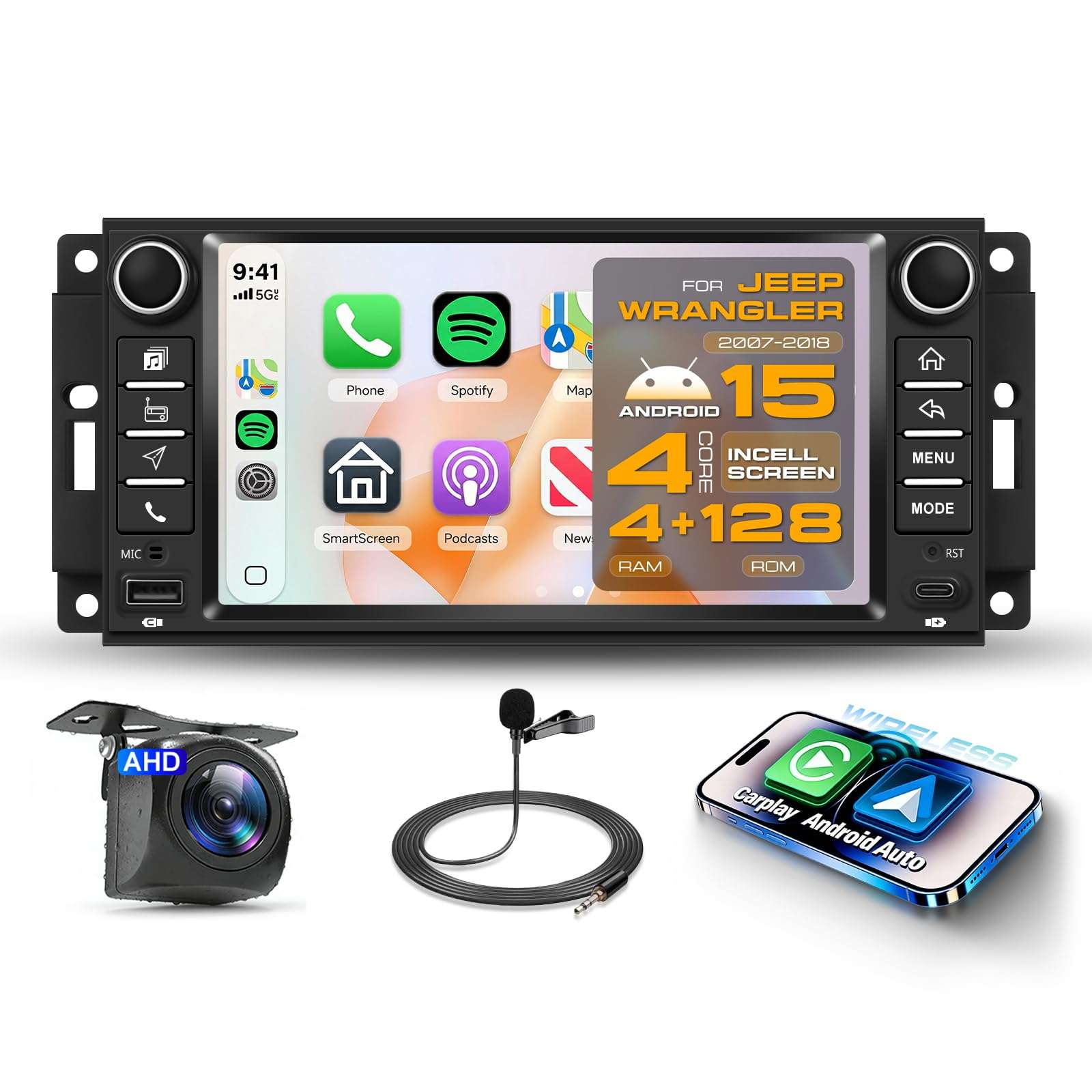4G+128G Car Radio Stereo for Jeep Wrangler 2007–2018 with DSP/Wireless Carplay/Android Auto, 7 inch in-Cell Touch Screen Wrangler Radio Bluetooth 5.0 FM/RDS Mirrorlink SWC Backup Camera 1