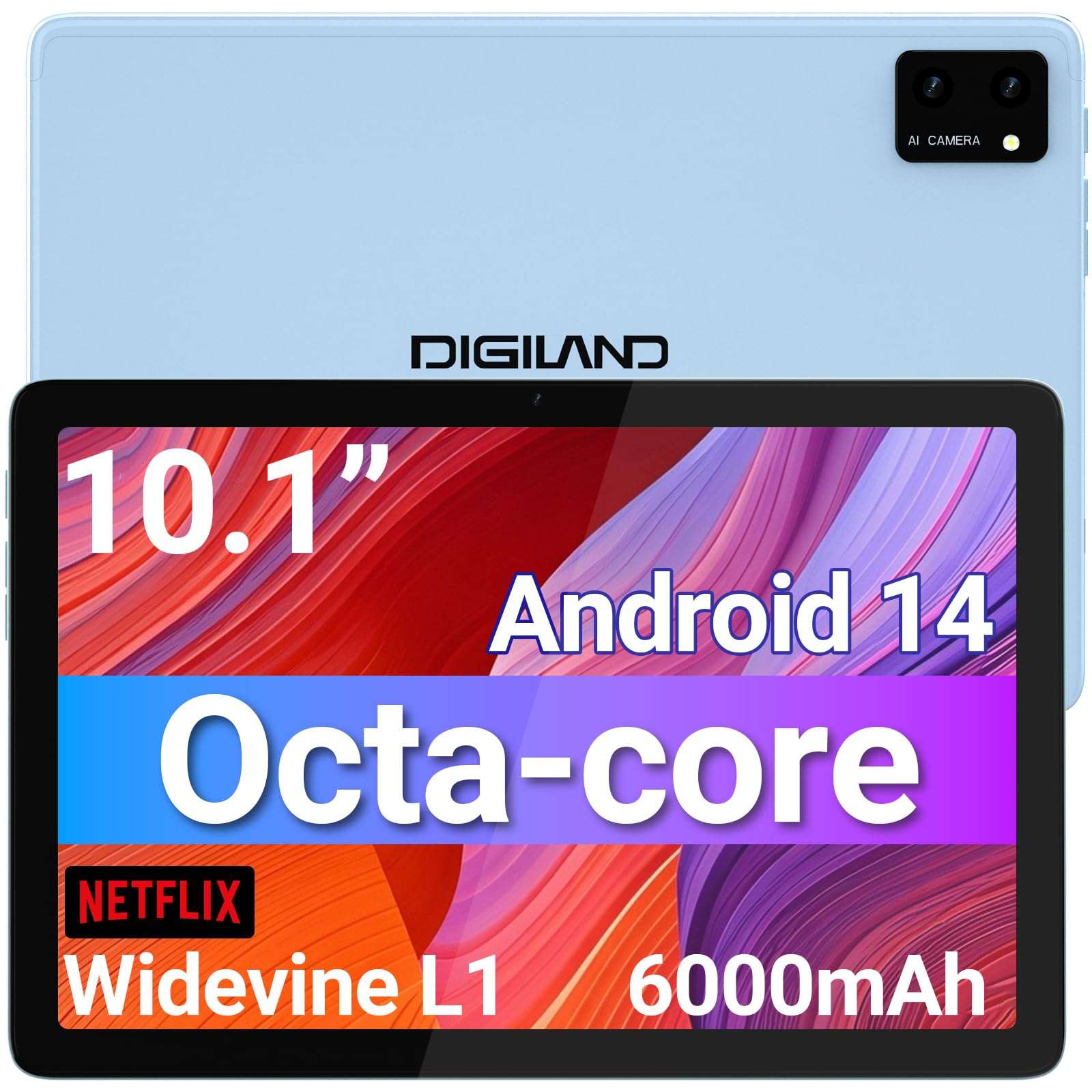 DigiLand Tablets,10.1" Android Tablet with Octa-core Processor 10GB RAM+64GB ROM(Support Expand TF) 5MP Front/8MP Back Camera,6000 mAh Battery,2025 Android 14 WiFi Tablet(Blue) 1