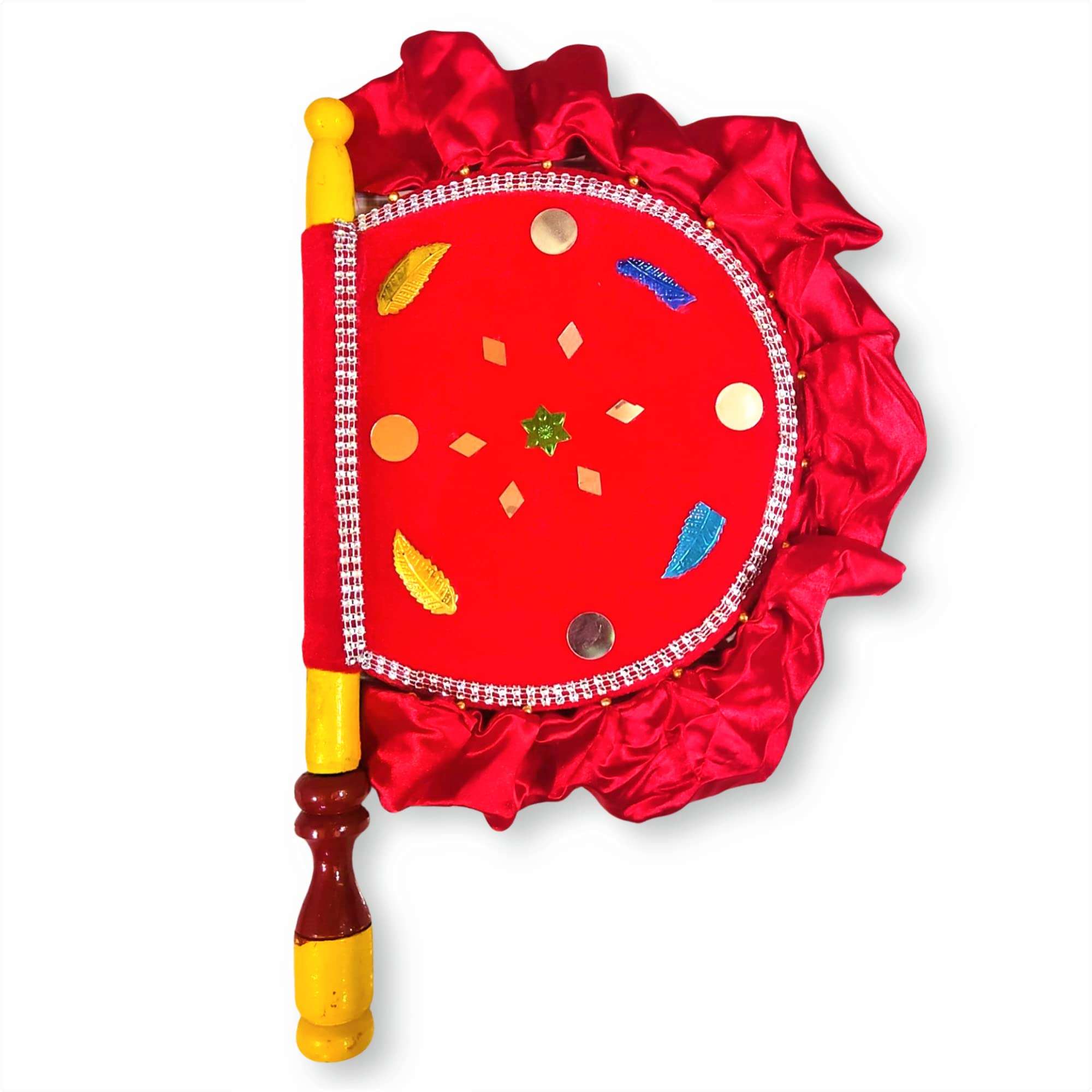 Stonsell Wooden Handcrafted Hand Fan/Beejna Pankha with Valvet Cloth, Royal/Punjabi Hand-Fan with Wooden Handle for Home Décor & Travel use (Multi-Color) (Red) 1
