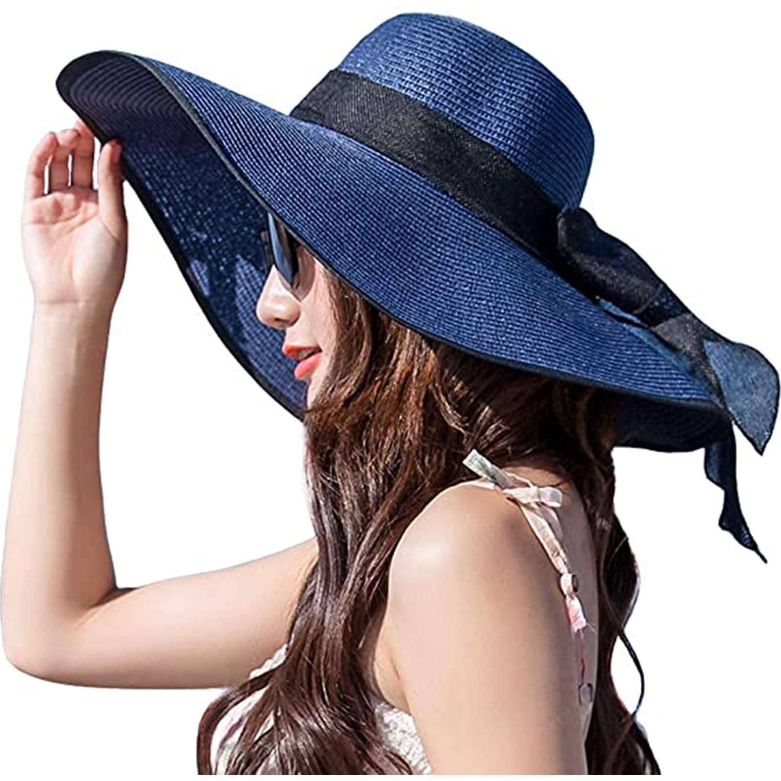 Women's Folable Floppy Hat,Wide Brim Sun Protection Straw Hat, Summer UV Protection Beach Cap(Navy Blue) 1