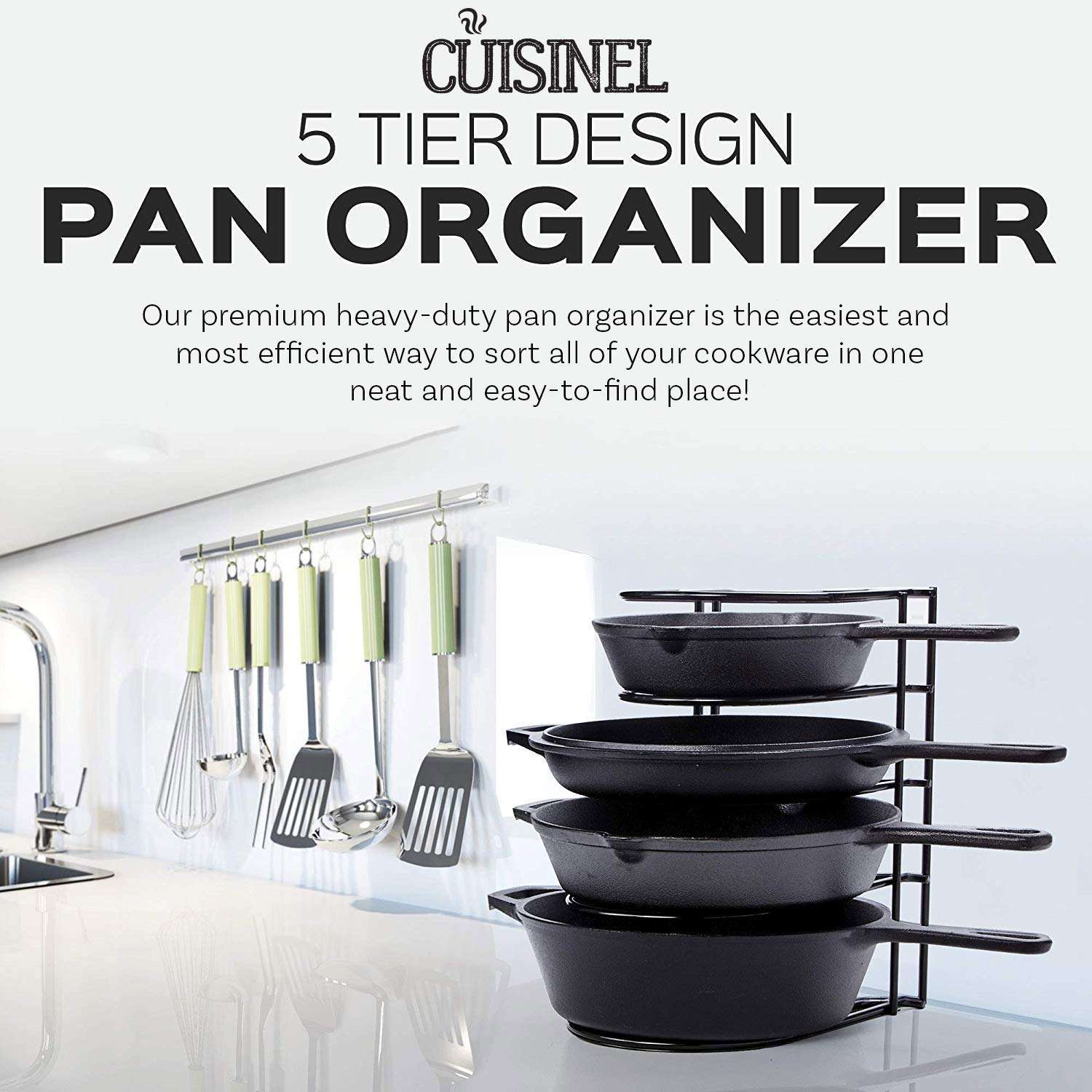 Cuisinel Cast Iron 10.5" Round Flat Skillet + Pan Organizer + Pan Scraper + Silicone Handle Grip - Cast Iron Accessories and Kitchen Storage Organization 4