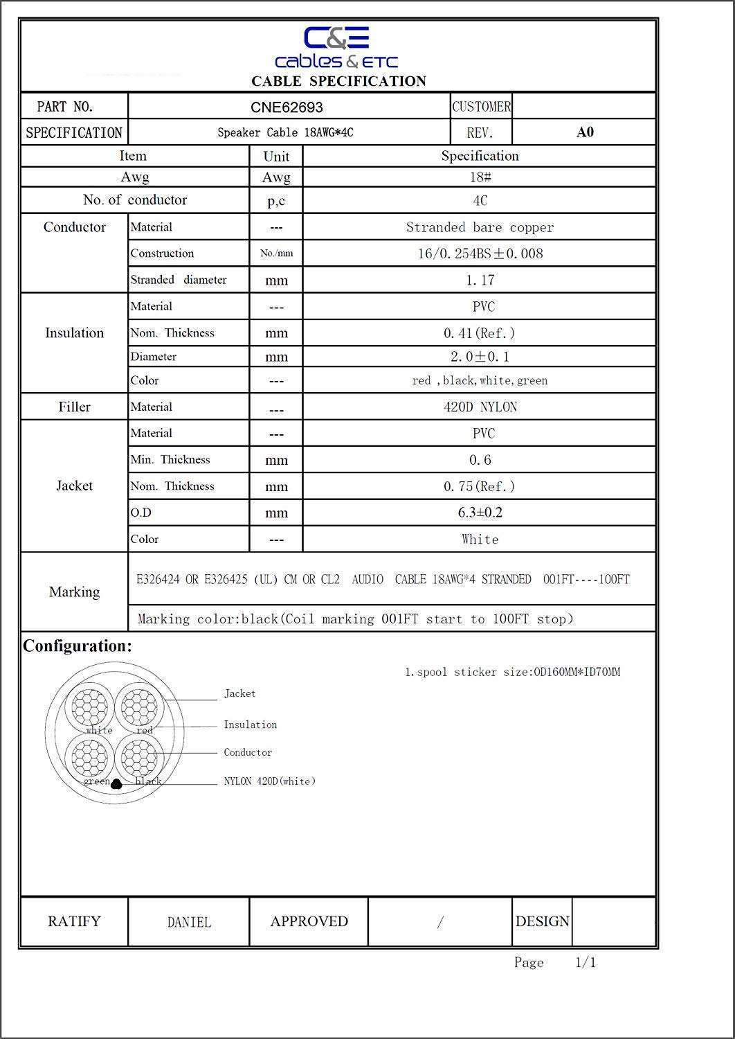 100ft (30m) Pro Series CL2 Rated 4-Conductor 18 Gauge in Wall Speaker Wire Cable (100 Feet / 30 Meter) 99.9% Oxygen Free Copper Great Use for Home Theater Speakers and Car Speakers (CNE729299) 2