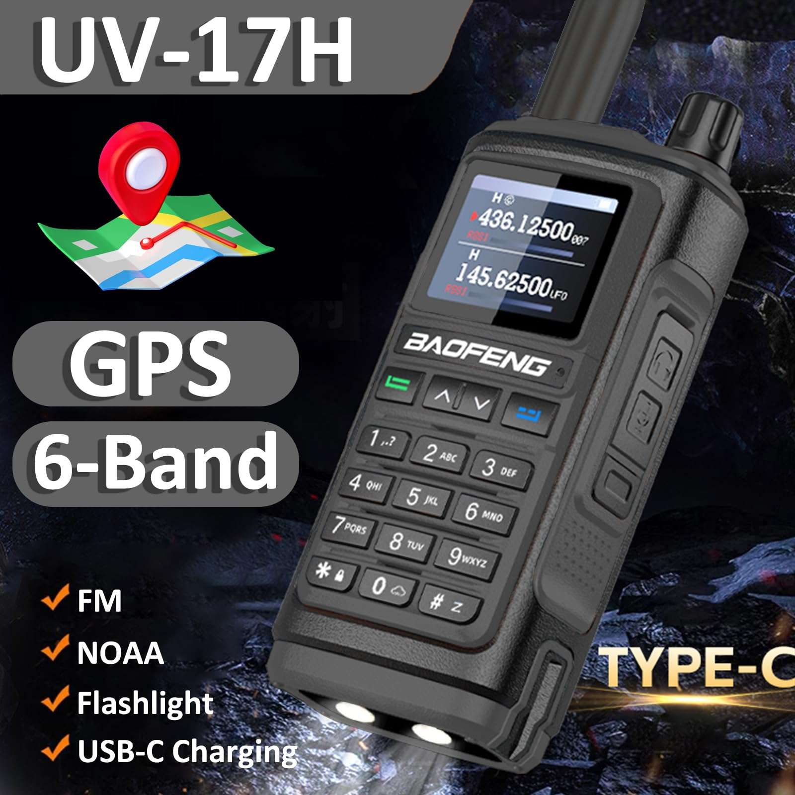 BAOFENG UV-17H GPS Two Way Radio Type-C Charging High Power Radio UV-17 Pro Max GPS 1.77in LCD Screen Rechargable Ham Radio (Black) 3