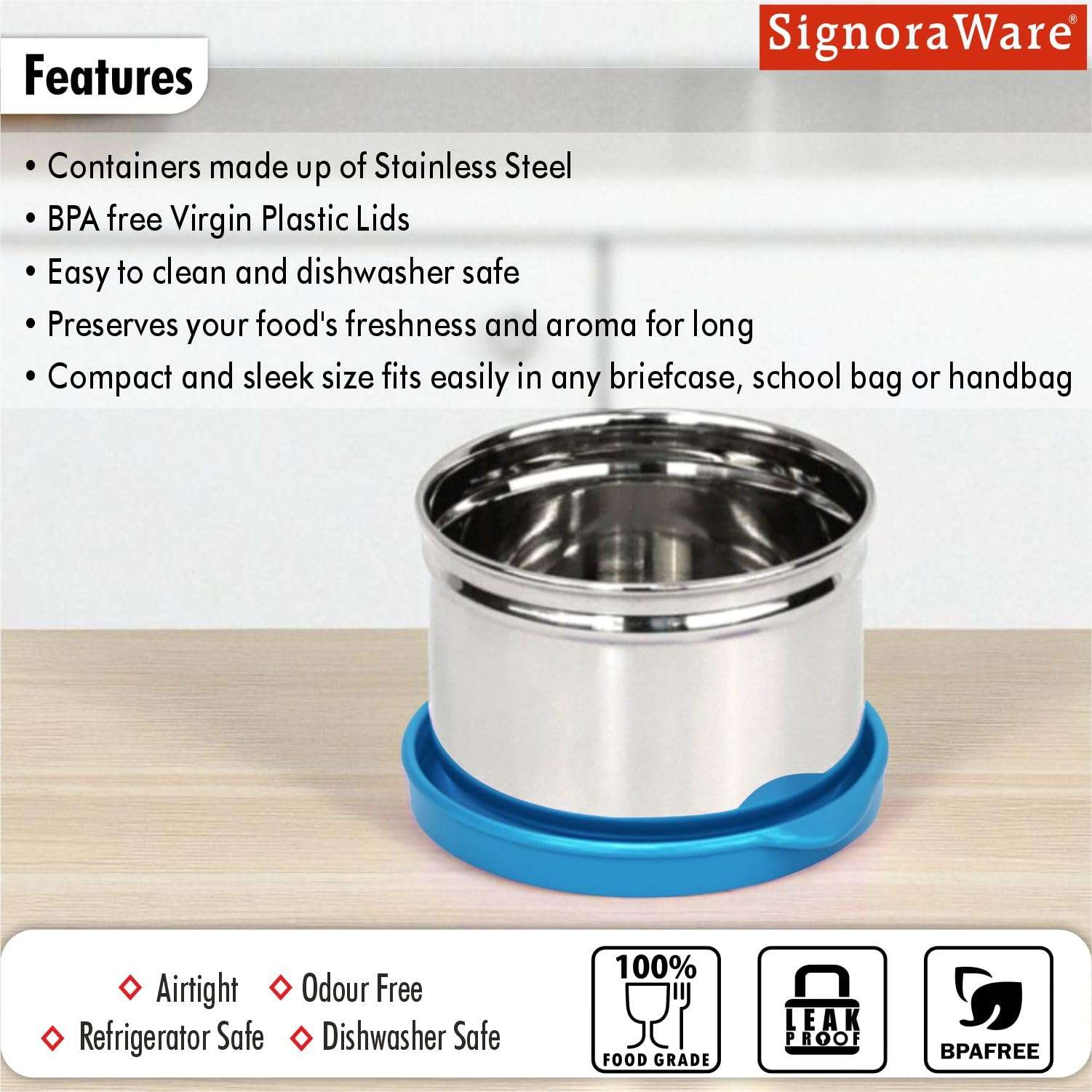 SignoraWare Mini Fresh Stainless Steel Small Container | Airtight & Leakproof | Compact & Travel-Friendly | Easy to Carry | Perfect for Office, School & Home Use (170ml | TBlue) 5