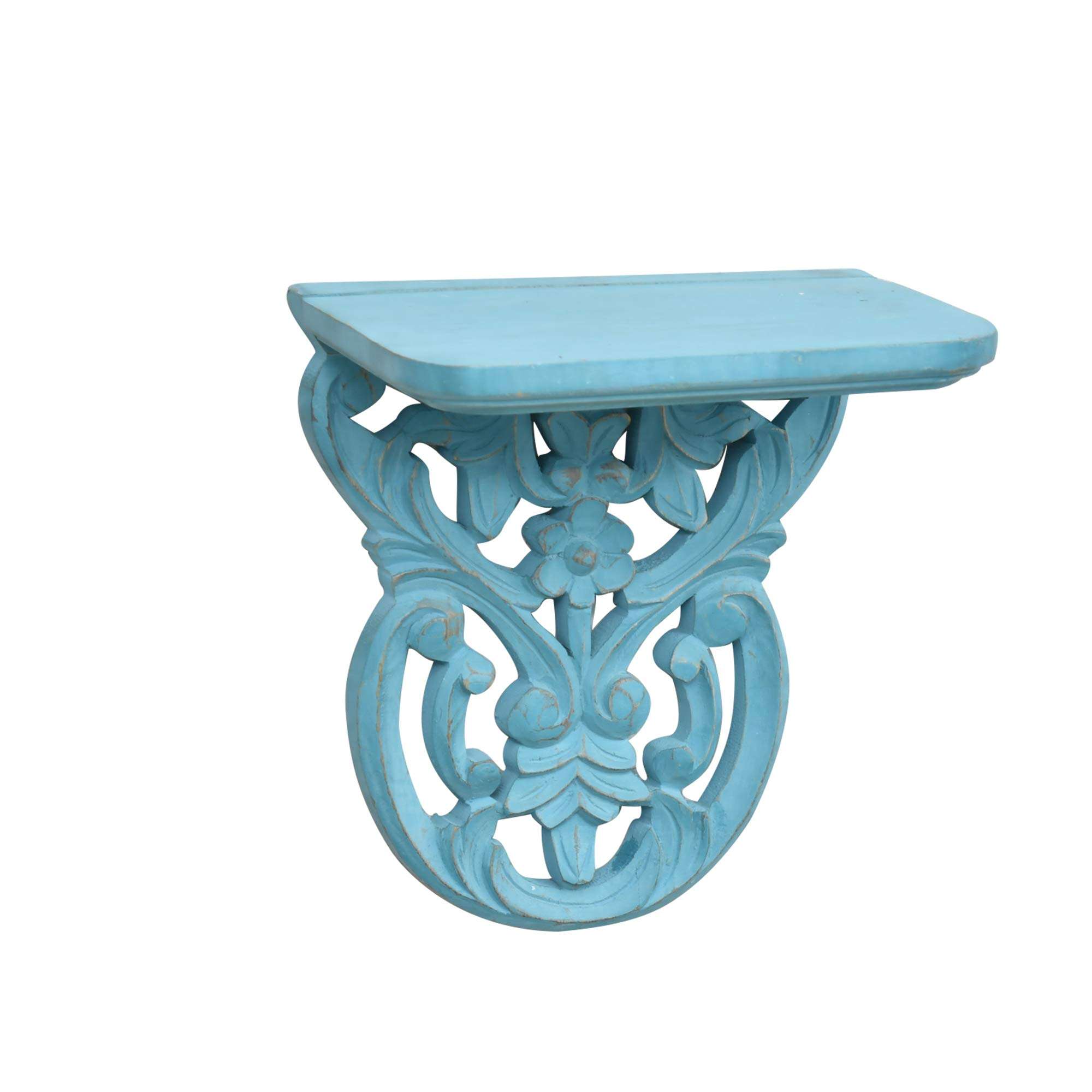 WOODENCLAVE Handcarved Solid Wood Jali Floral Design Wall Mounted Floating Shelf Wooden Wall Brackets Shelves Set for Home Living Room Decor - (Distressed Blue) 6