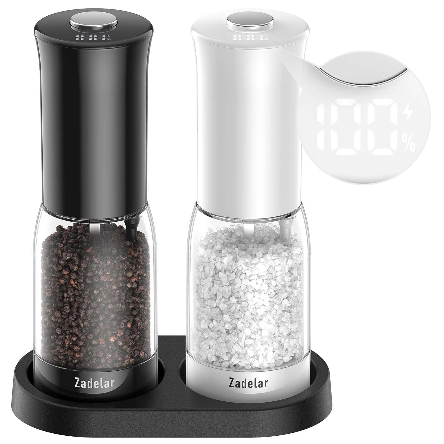 Salt and Pepper Grinder Set with LED Power Display Larger Capacity Salt and Pepper Shakers Set Rechargeable Electric with Flexible Coarsenes LED Light One Hand Operation for Kitchen(White+Black) 1