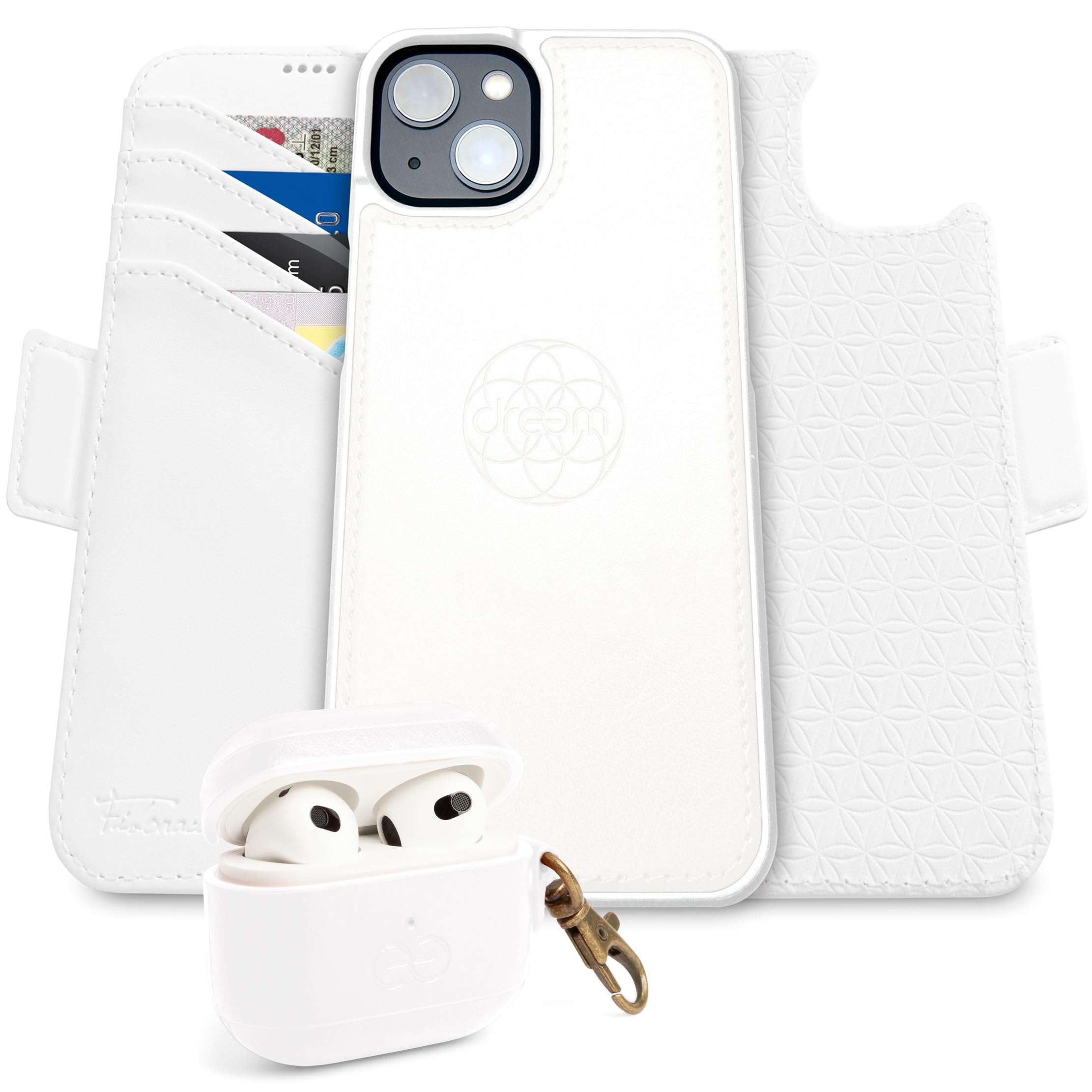 Dreem Bundle: Fibonacci Wallet-Case for iPhone 15 Plus with Om for Apple AirPods 3 Case [White] 1