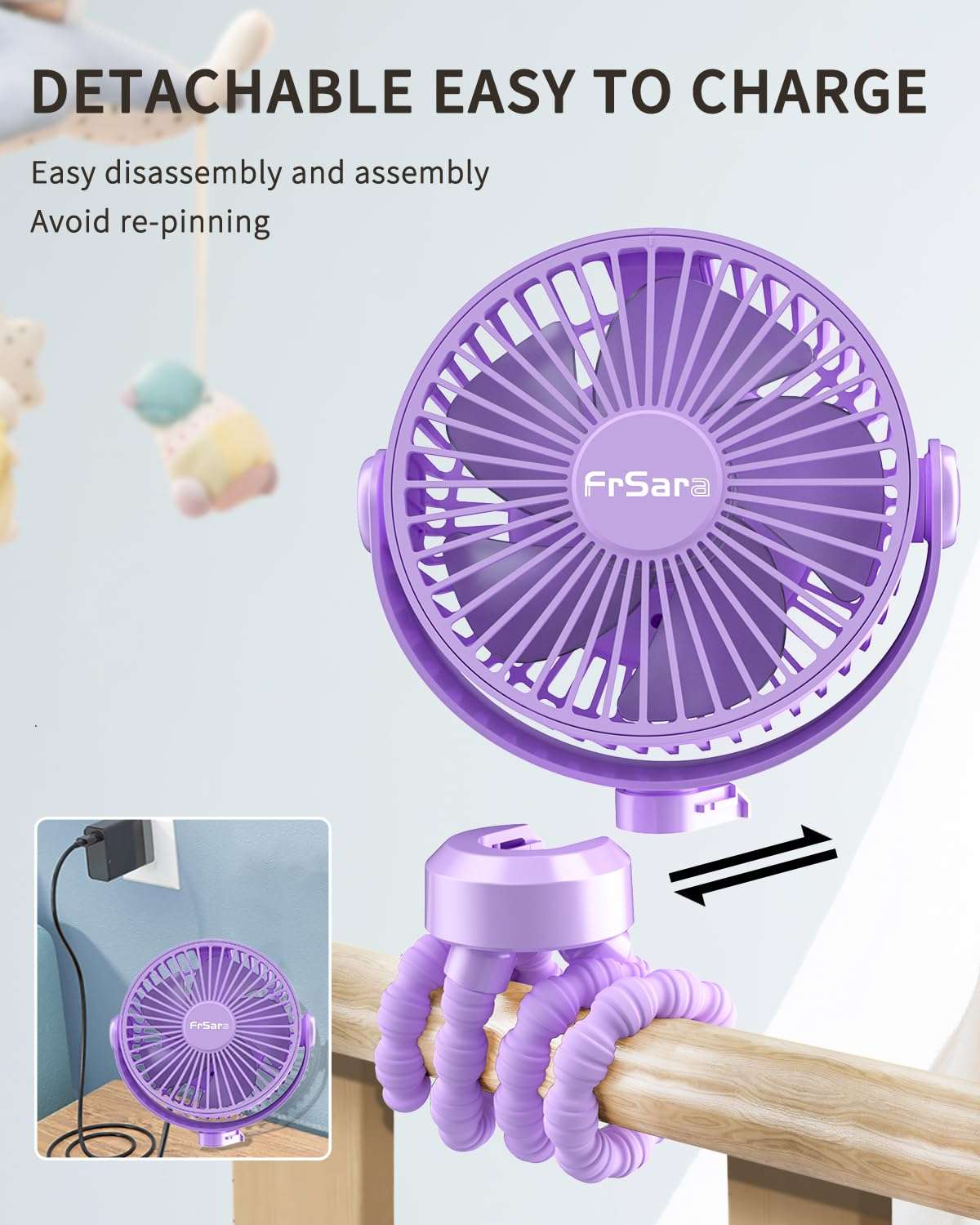 FrSara Portable Clip-On Fan for Baby, Safe and Quiet, 4000mAh, 3-Speed Adjustable, Suitable for Strollers, Car Seats, Desks, Travel, Bicycles, Camping - Dark Pink 4