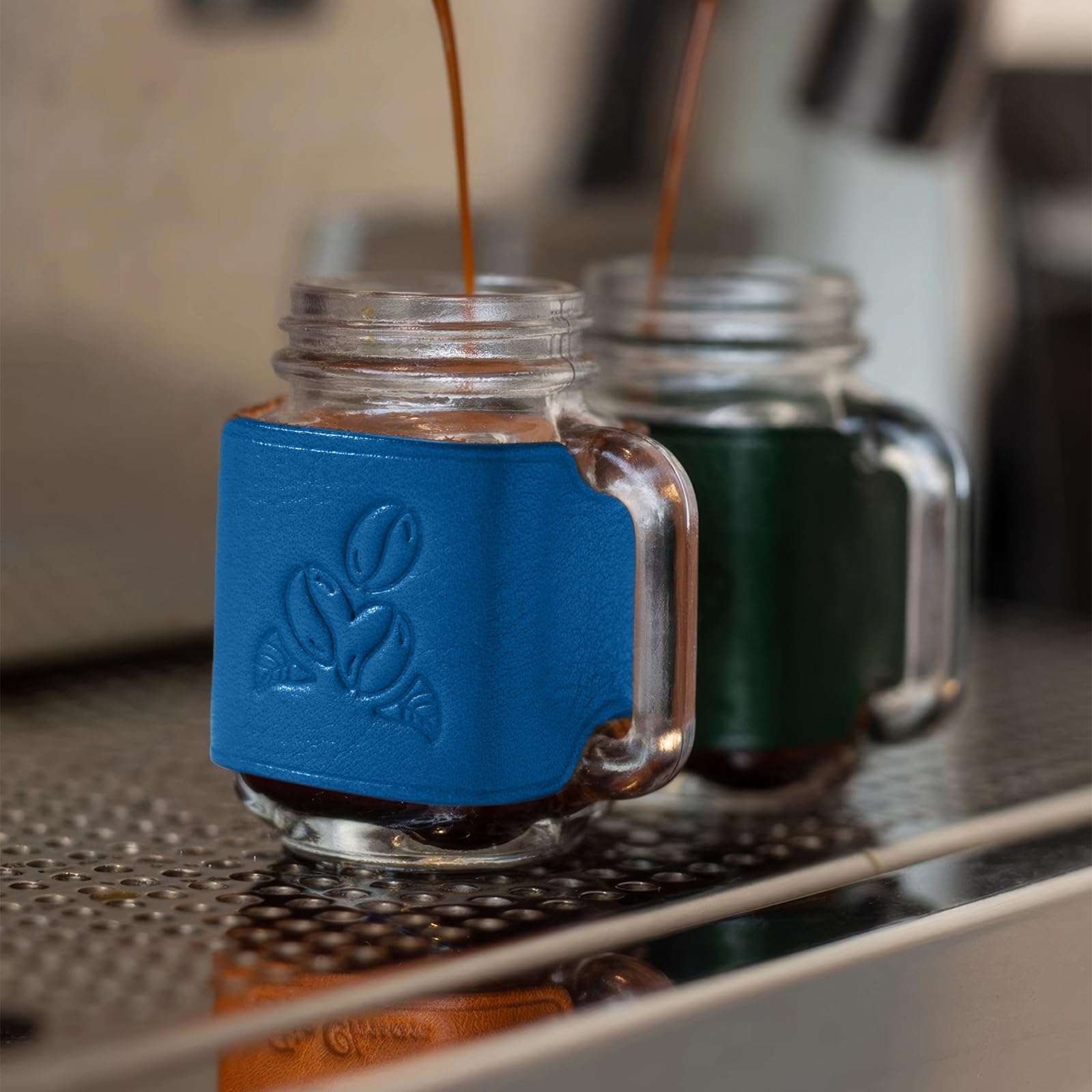 1PC 1.7oz 50ml Mini Glass Handle Mug Genuine Leather Sleeve Mini Espresso Dispenser Bottles Small Glass Mug Mini Sealed Jar (BULE) 4