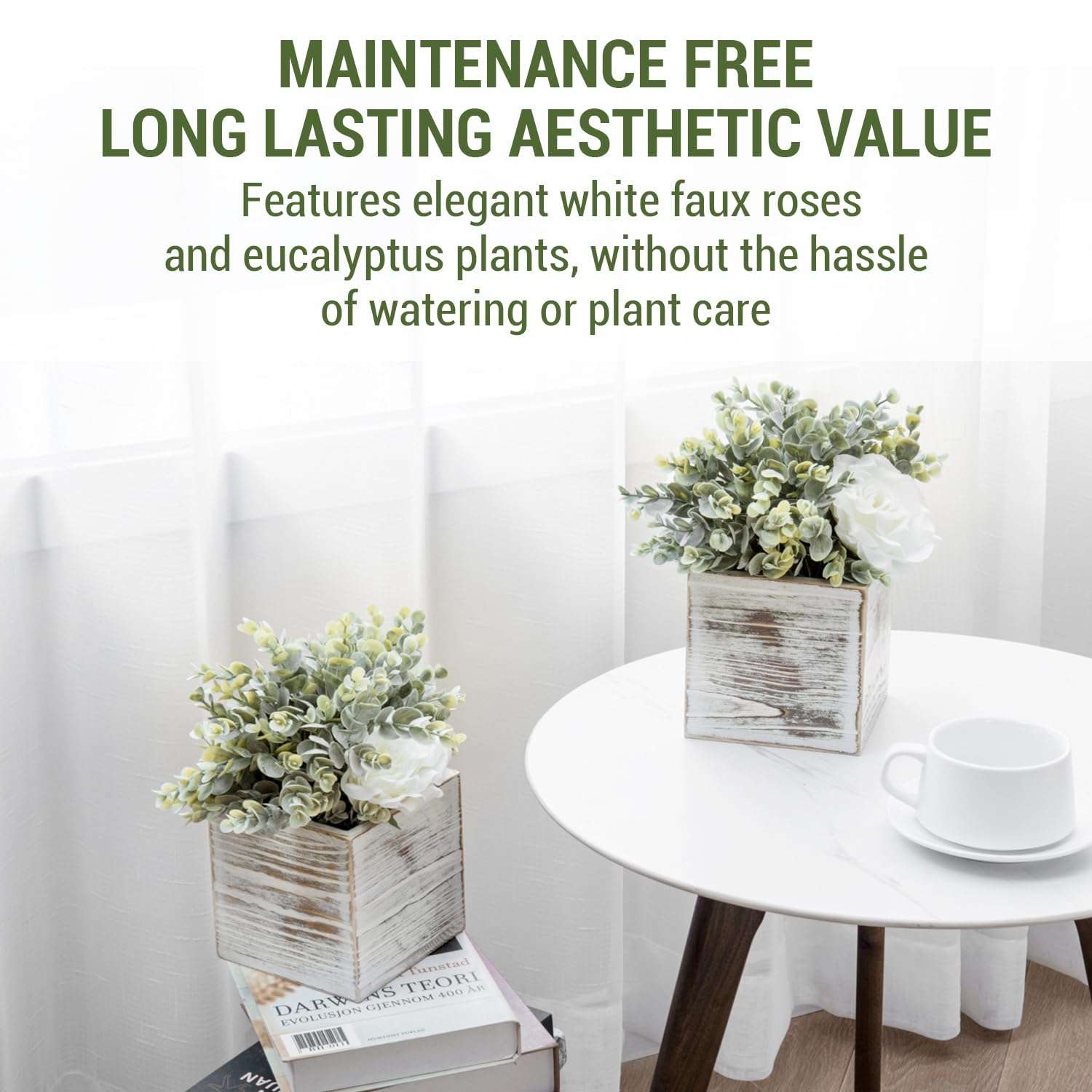 MyGift Artificial White Rose and Eucalyptus Boxwood in Shabby Whitewashed Solid Wood Square Box Planters, Faux Floral Arrangement Table Centerpiece Home Decor, Set of 2 4