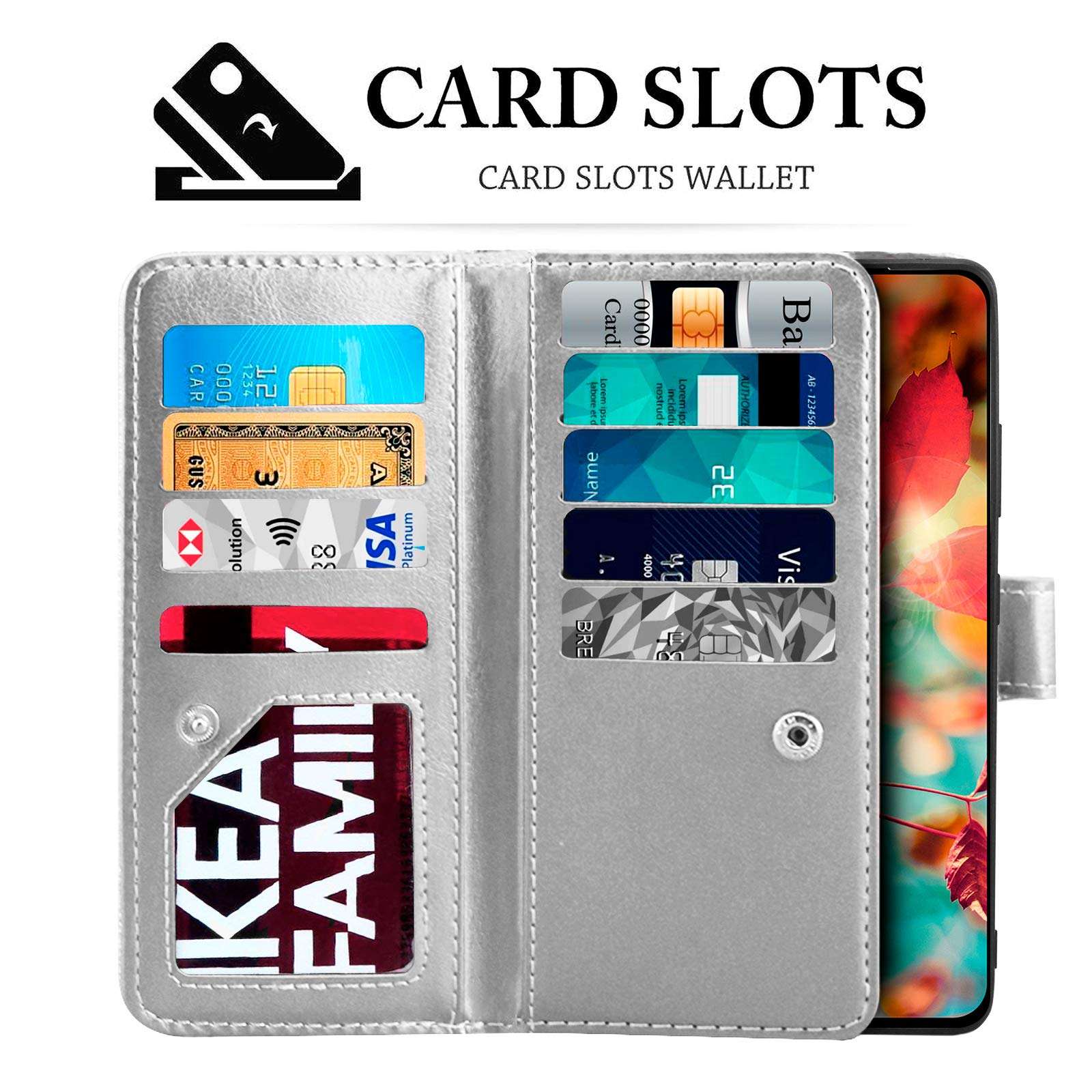 Newseego for Samsung Galaxy S21 Ultra Wallet Case (6.8 Inch),Glitter PU Leather Magnetic Closure Multi-Credit Card Slot Cash Holder Detachable 2 in 1 Wallet Cover with Wrist Strap-Silver 3