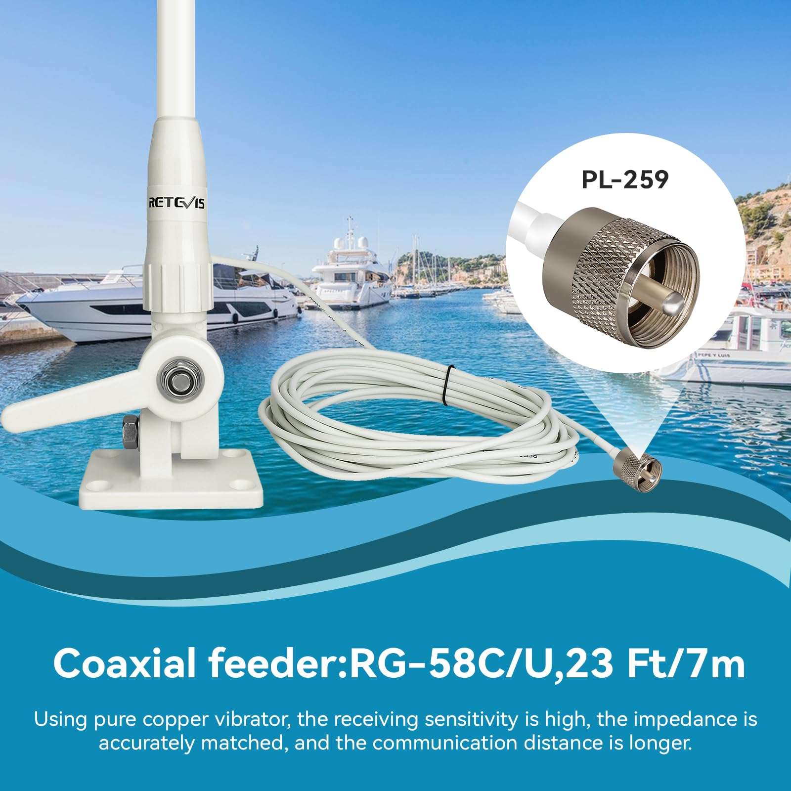 Retevis MA06 VHF Marine Antenna, 3.5dBi Fiberglass Waterproof Boat Antenna, 23 Ft/7 m RG-58 Coaxial Cable with PL-259 Connector Ratchet Mount, for Retevis RA27 RM20 VHF Marine Radio, 43.3Inch (1 Pack) 3