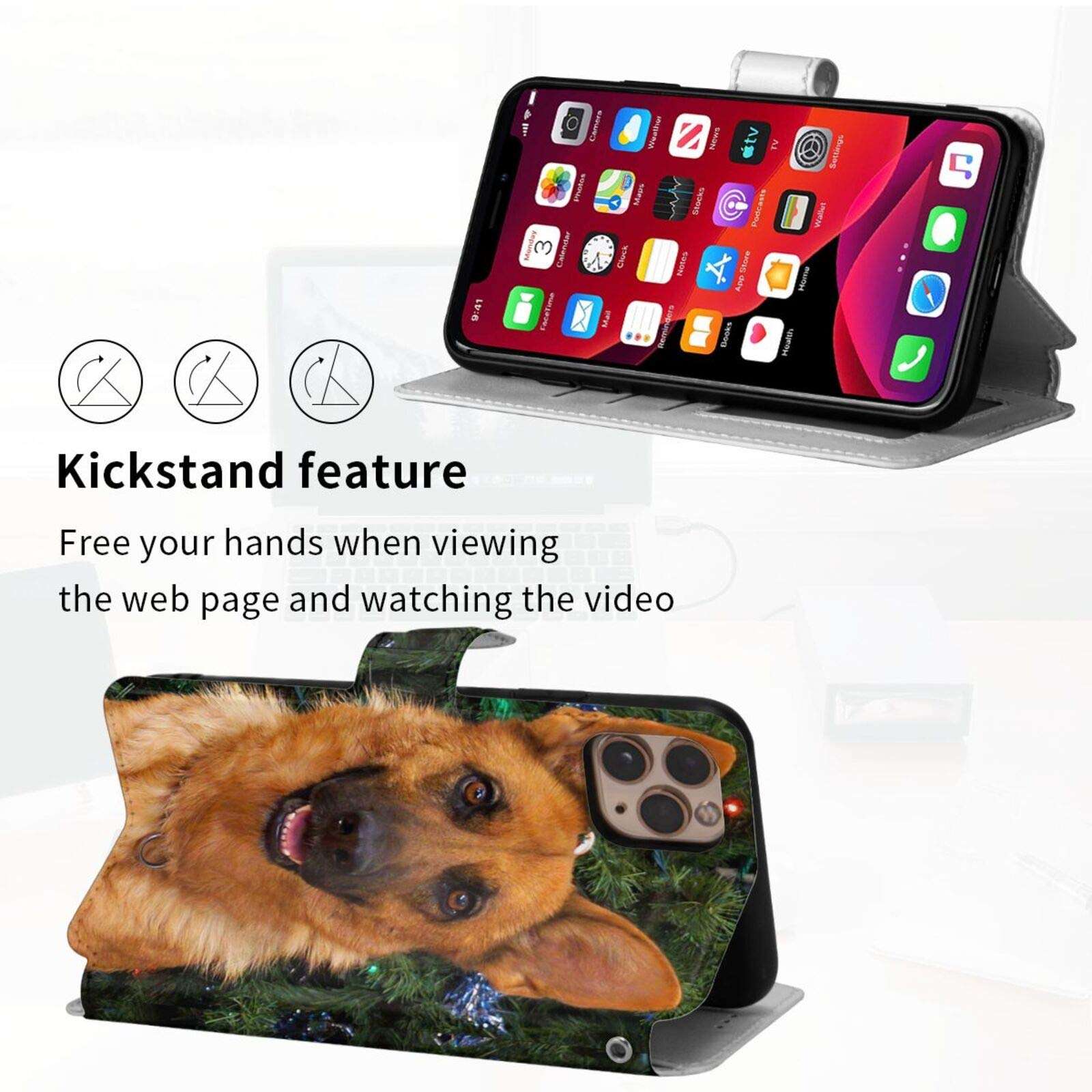 Merry Christmas German Shepherd iPhone 11 Mobile Phone Leather Case Luxury Pu Leather Wallet Protective Cover Flip Cover 4