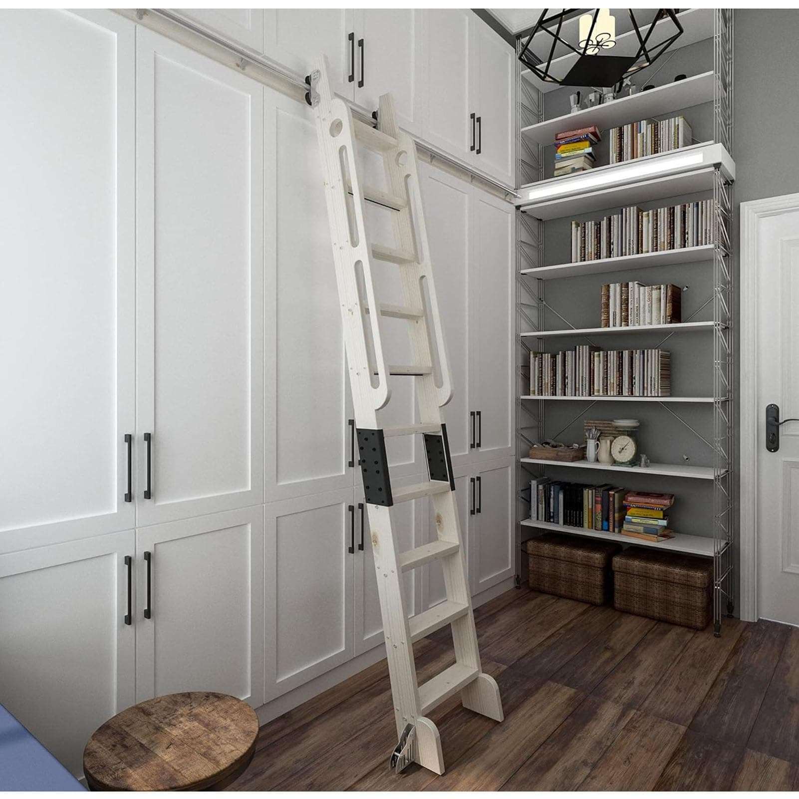 Round Tube Sliding Library Ladder Hardware Rolling Full Set Track Kit Telescopic Upper Roller, Floor Wheels with Brakes (No Ladder) Silver Surface (Size : 8ft/244cm Track kit) 3