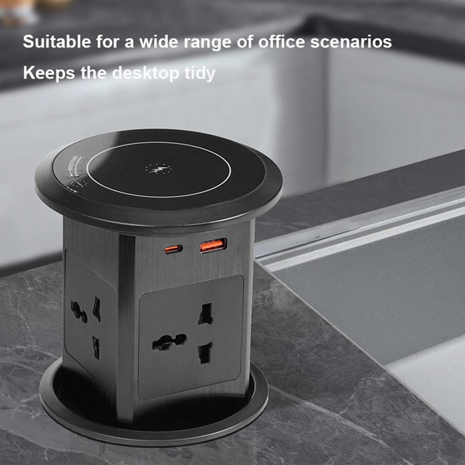 Smart Pop Up Socket, 4 Outlets+U-C+Wireless Charger, Aluminum Alloy, One-Touch Lift, for Office/Kitchen,Silver 5