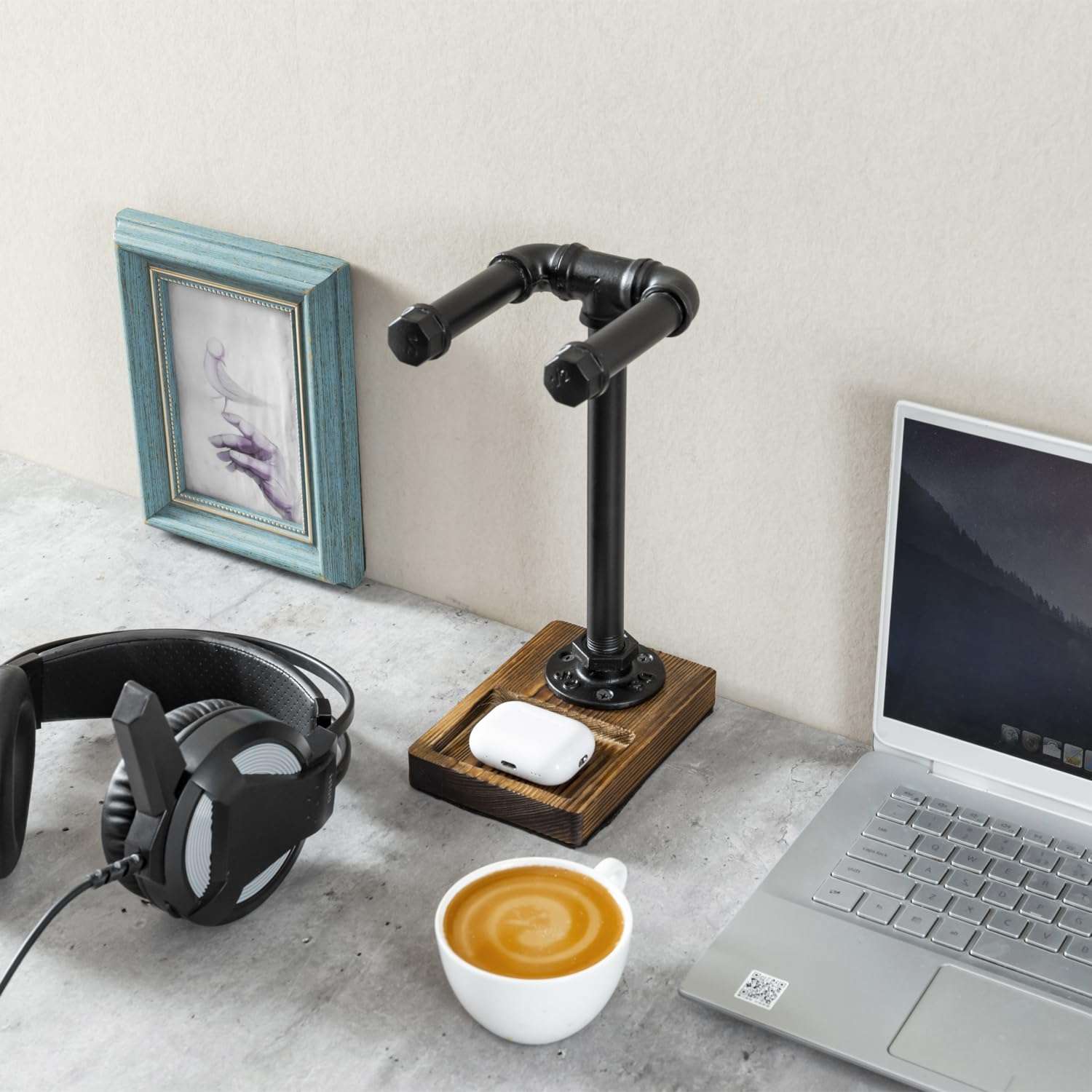 MyGift Headphone Stand, Industrial Black Metal Pipe Universal Desktop Headset Holder with Burnt Solid Wood Tray 5