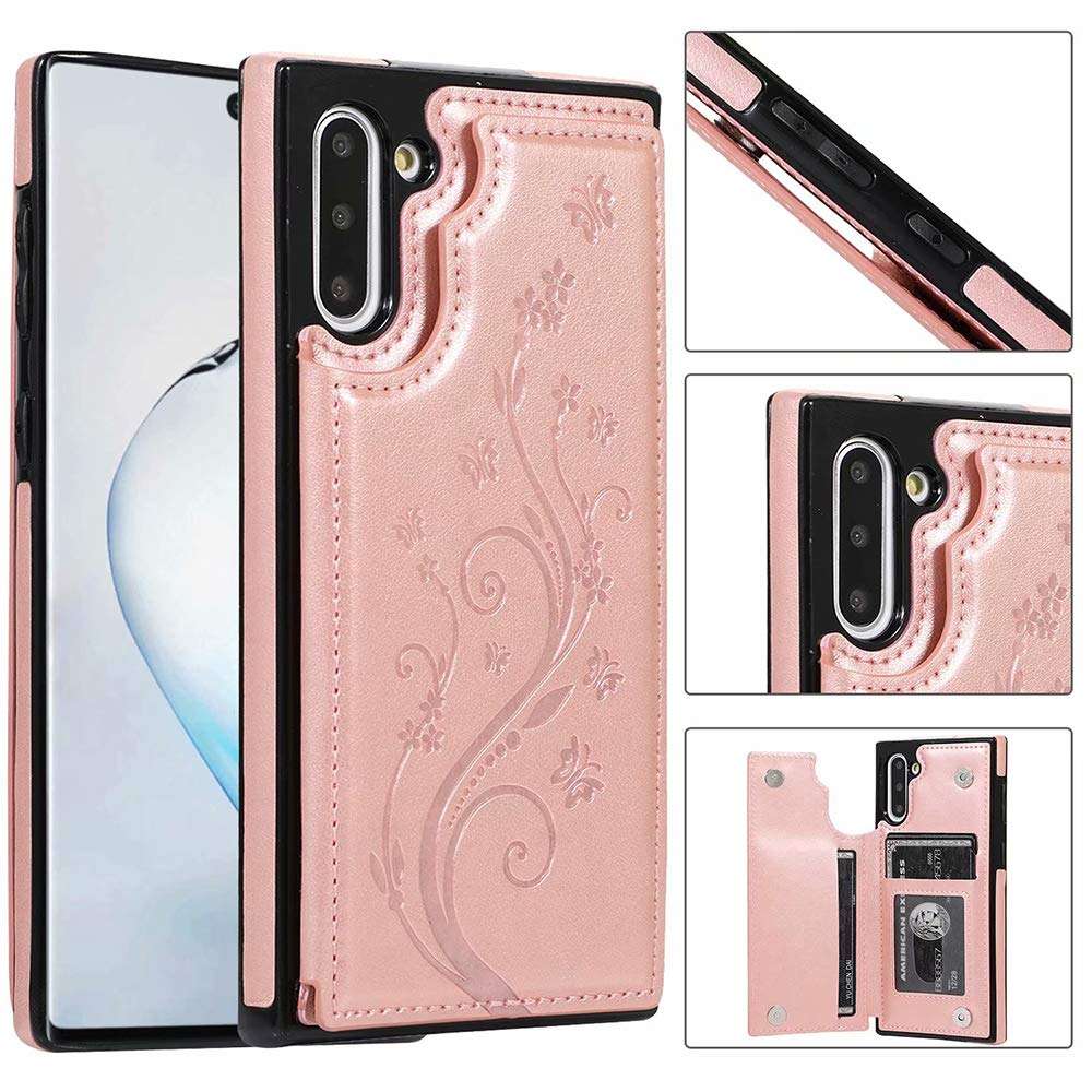 Phone Case for Samsung Galaxy Note 10 with Tempered Glass Screen Protector Card Holder Wallet Cover Flip Leather Cell Accessories Glaxay Note10 5G Gaxaly Notes 10s Ten Not S10 Cases Women Rose Gold 3
