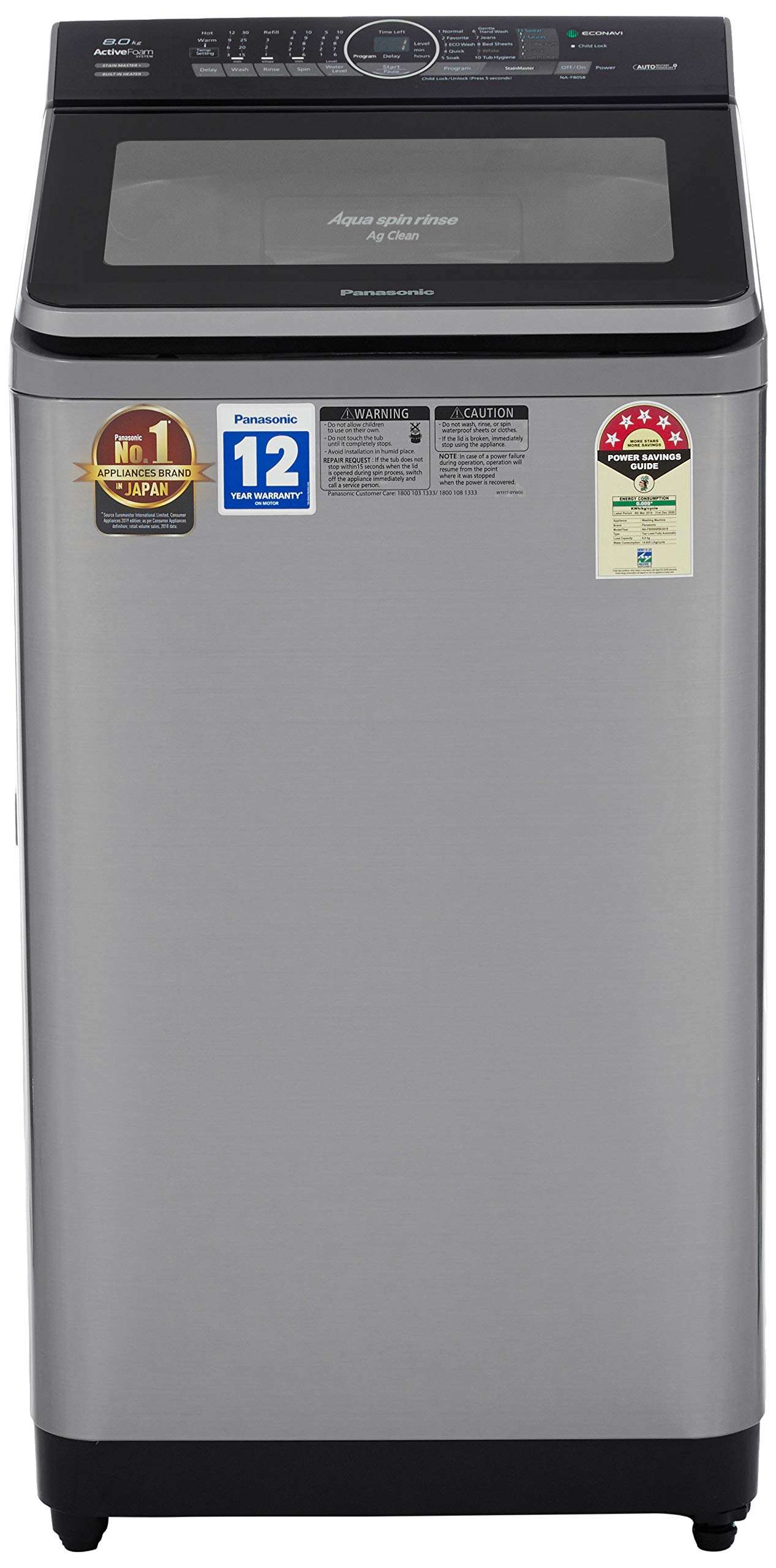 Panasonic 8 kg Built-in Heater Fully-Automatic Top Loading Washing Machine (NA-F80S8SRB,Stainless Steel, Active Foam System) with Built in Heater, EcoNavi, Gentle Hand Wash 1