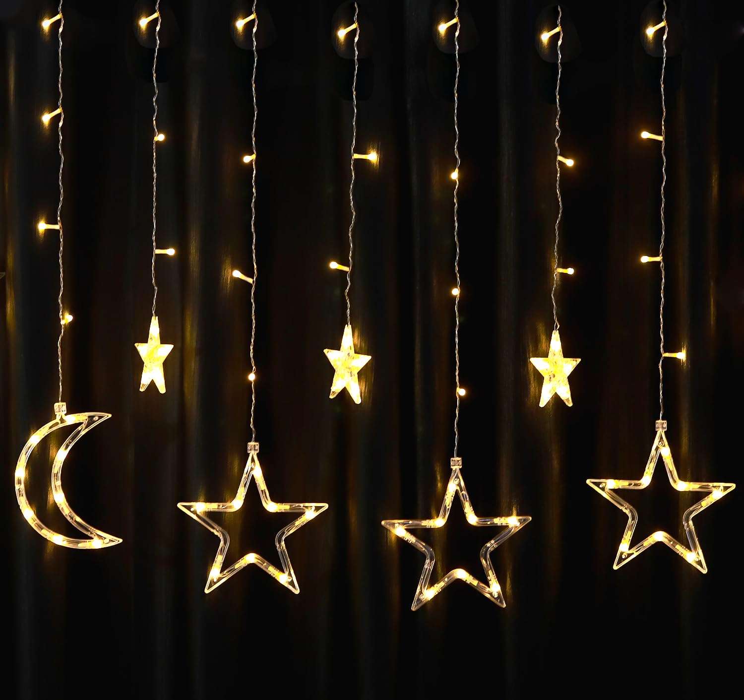 Lexton 2.6 Mtr Twinkling Star Moon Curtain Light | 100 LED, 3 Big Star 6 Small Star & 3 Moon Light | Suitable for Home, Christmas Decor, Wedding (Pack of 1, Warm White) 6