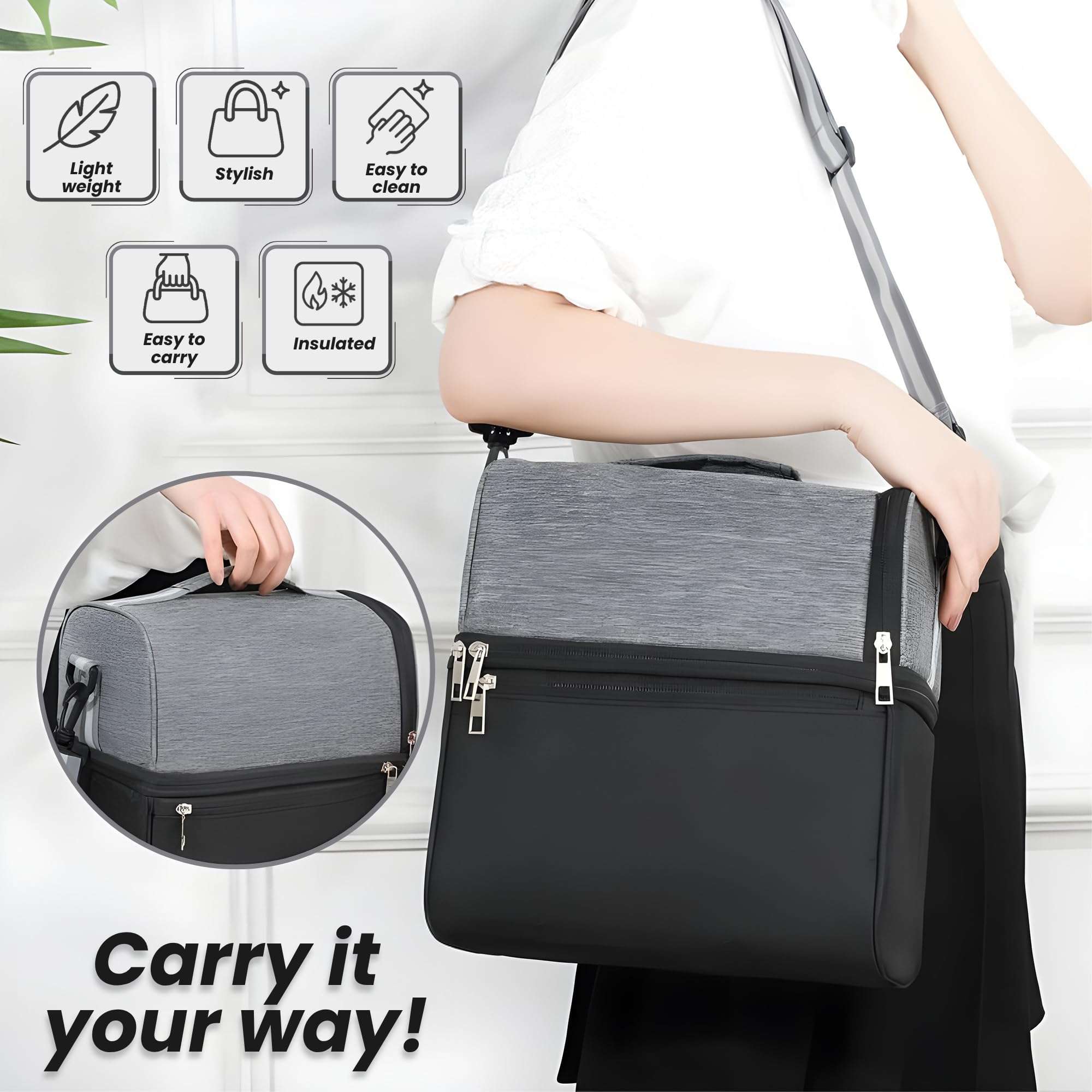 OCEANEVO 2 Compartment Insulated Lunch Bag with Luggage Tag, Tiffin Bag for Office with Handle and Shoulder Strap for Men and Women - 28 x 25 x 18 Cm - Grey 6