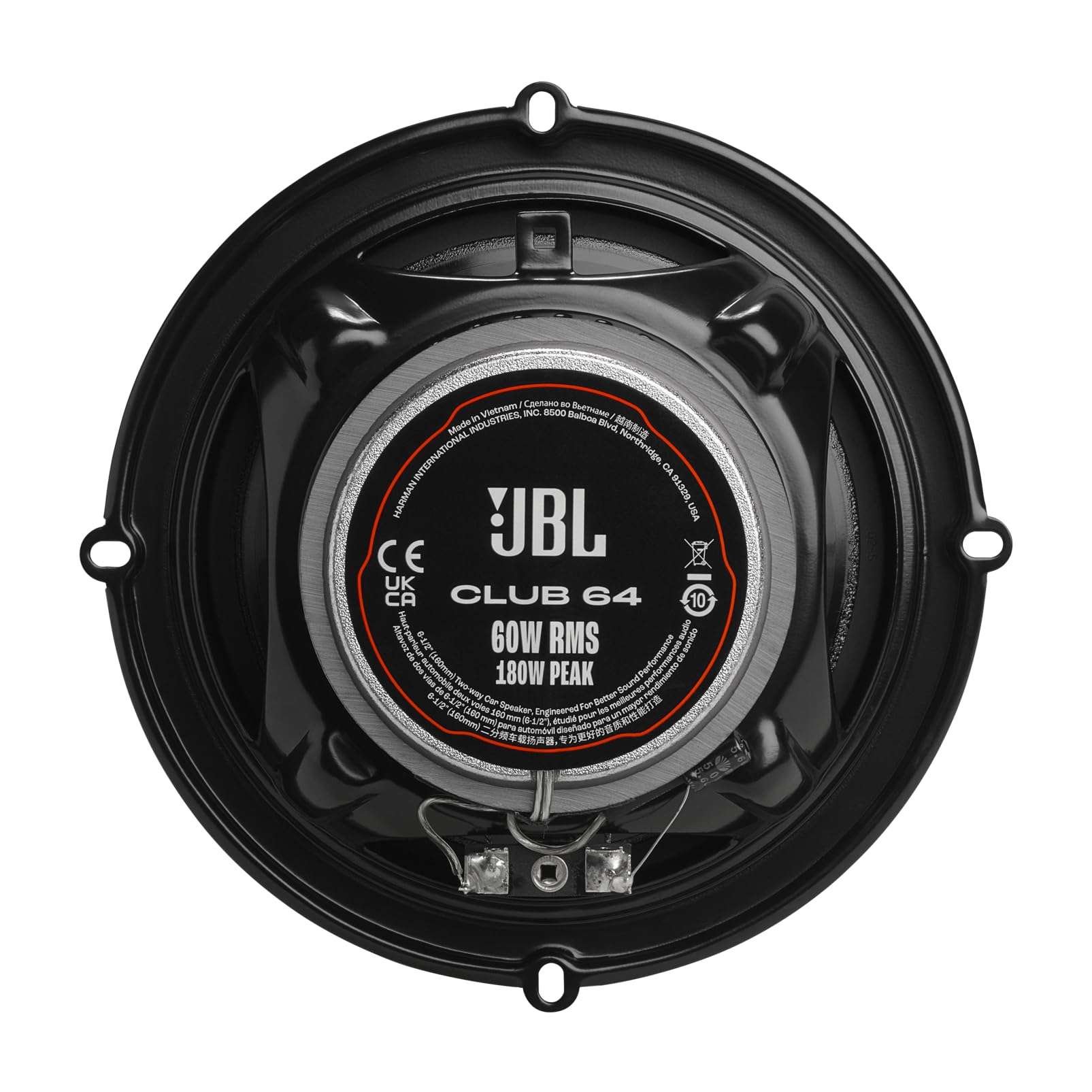 JBL Club 64-6-1/2" (160mm) Two-Way Car Speaker, 60W RMS, 180W Peak, Sensitivity (@ 2.83V): 93dB, Frequency Response: 48Hz – 21kHz, Nominal Impedance: 3.0 ohms 4