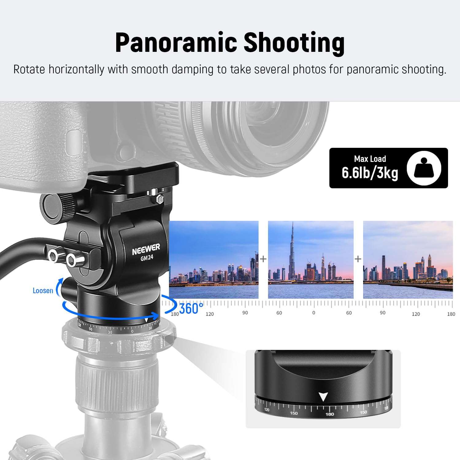 NEEWER Tripod Fluid Head with Quick Release Plate & Handle, Metal Pan Tilt Camera Tripod Mount Adapter Compatible with Arca Swiss for Compact Video Cameras DSLR, Load up to 6.6lbs, GM24 All Black 3