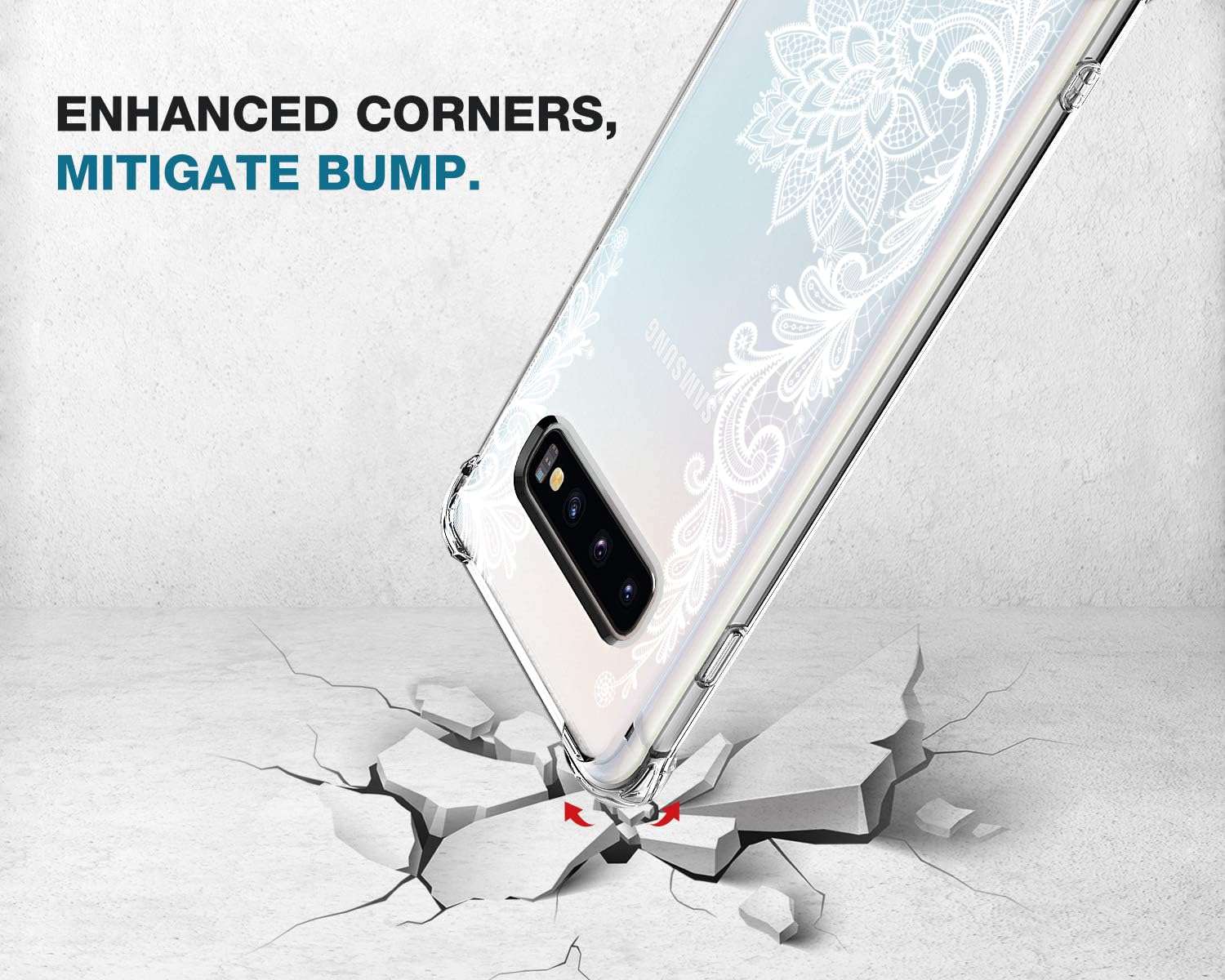 KIOMY Clear Case for Samsung Galaxy S10+ / S10 Plus, Airbag Corners Shockproof Bumper Protective Phone Cover, Hybrid Design Hard PC Back with Flexible TPU Frame Lace Flower Floral Design 3